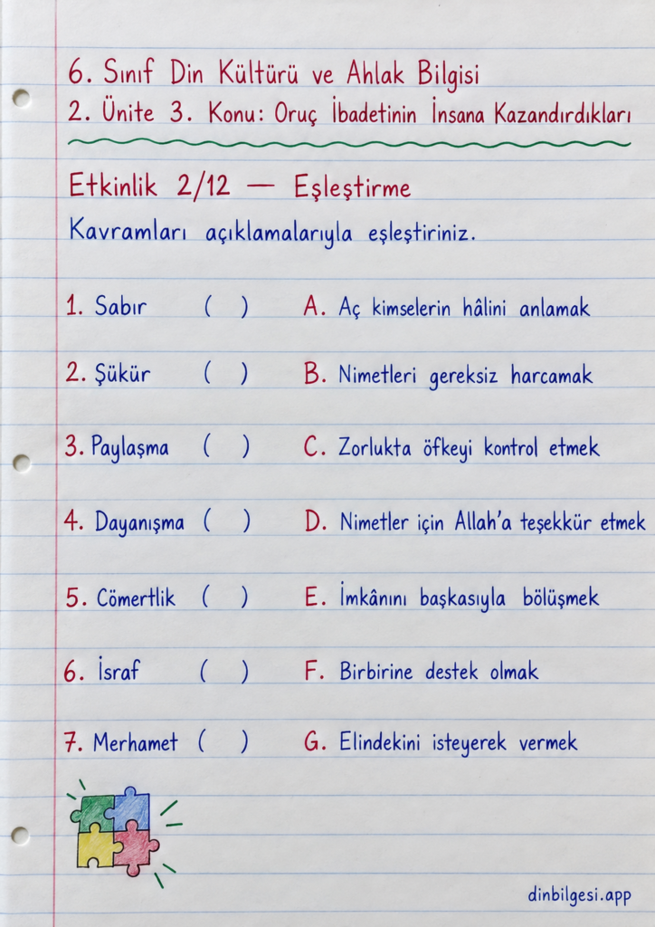 6. Sınıf Din Kültürü ve Ahlak Bilgisi – 2. Ünite Ramazan ve Oruç – 3. Konu Oruç İbadetinin İnsana Kazandırdıkları Konu Özeti ve Etkinlik 2: Eşleştirme