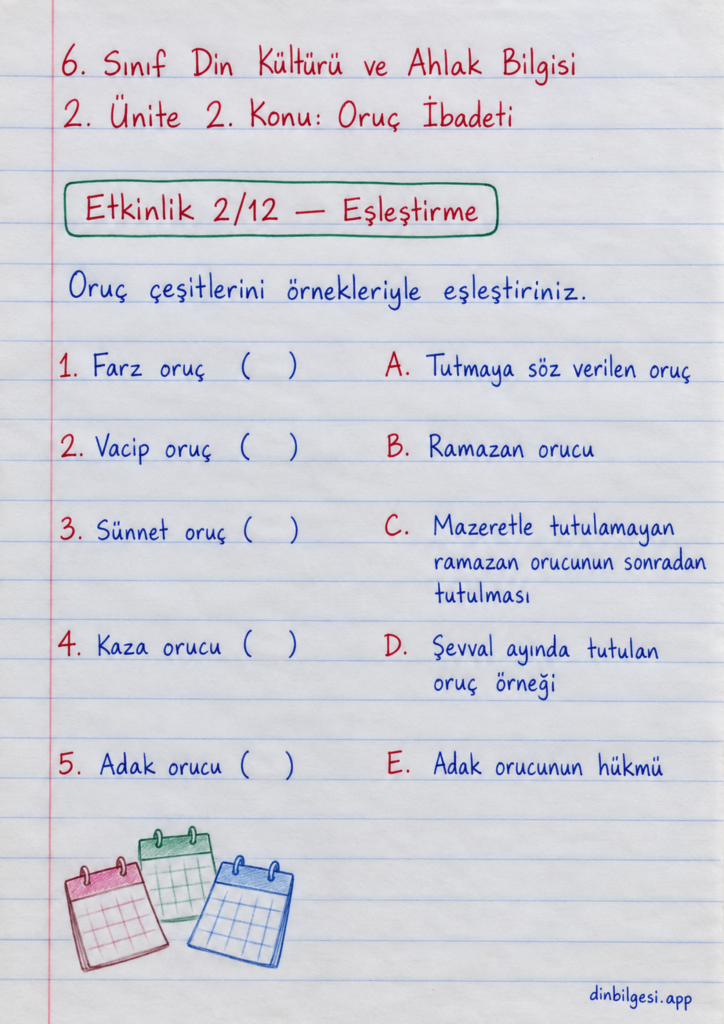 6. Sınıf Din Kültürü ve Ahlak Bilgisi – 2. Ünite Ramazan ve Oruç – 2. Konu Oruç İbadeti Konu Özeti ve Etkinlik 2: Eşleştirme