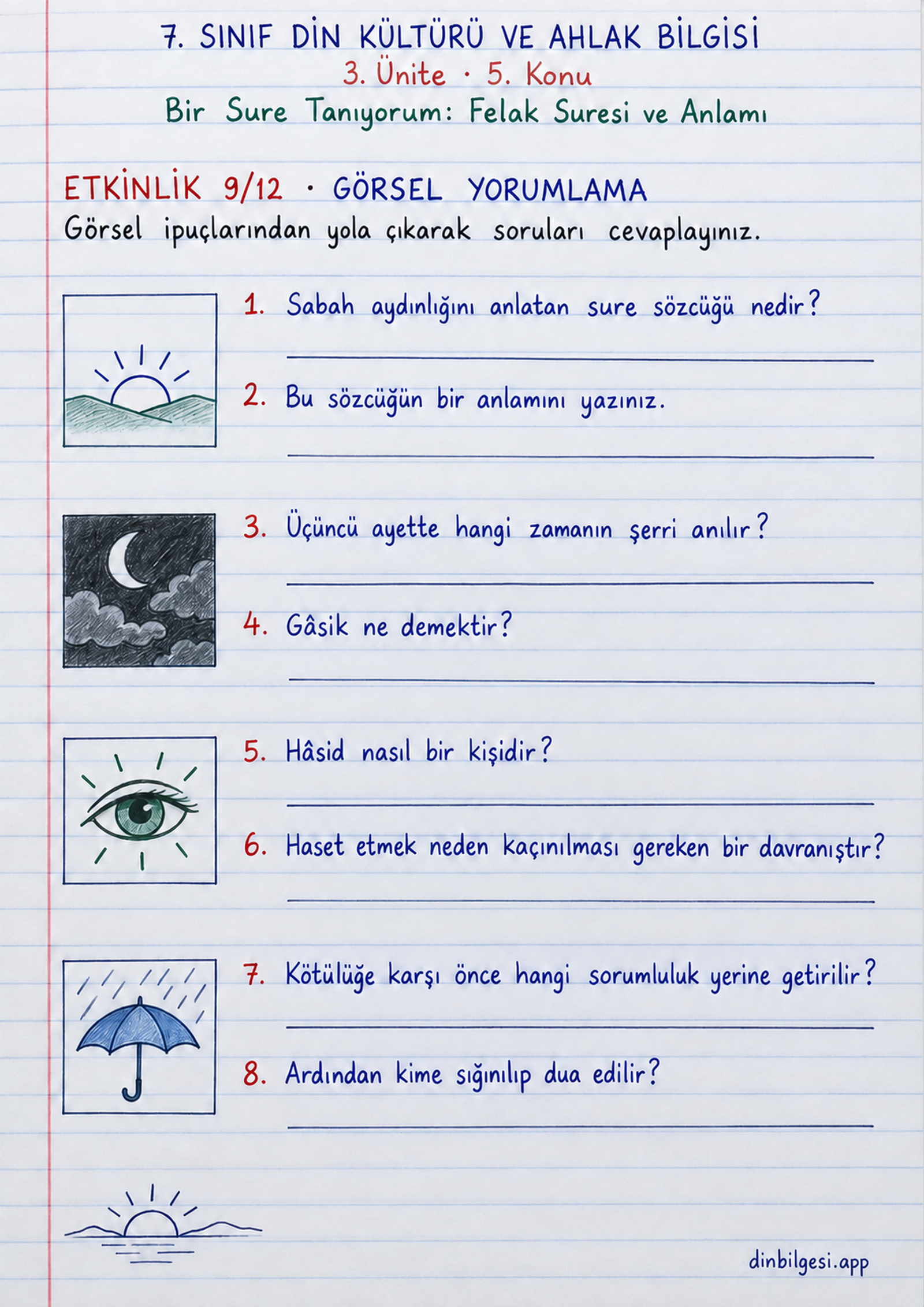7. Sınıf Din Kültürü ve Ahlak Bilgisi – 3. Ünite Ahlaki Davranışlar – 5. Konu Bir Sure Tanıyorum: Felak Suresi ve Anlamı Konu Özeti ve Etkinlik 9: Görsel Yorumlama
