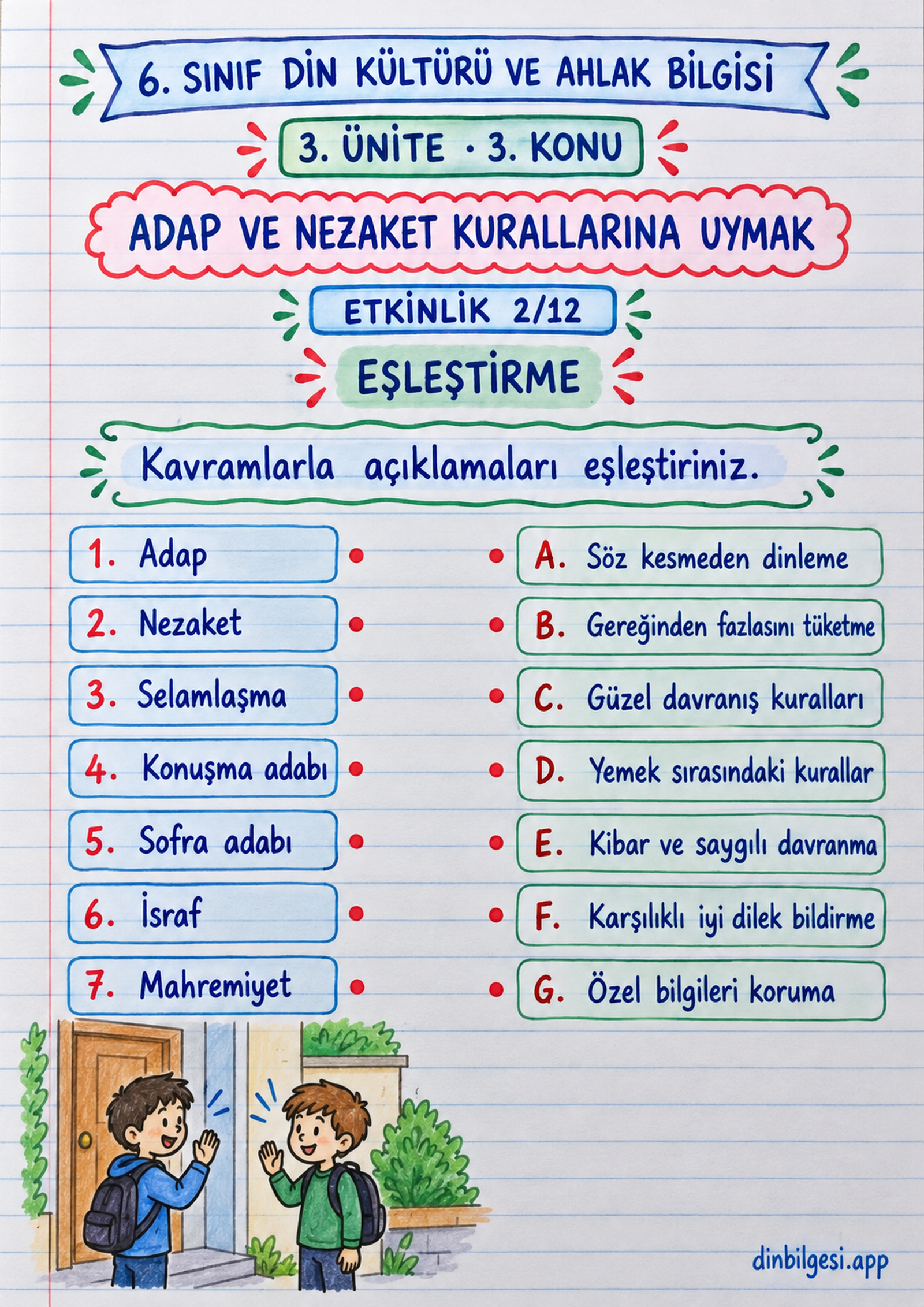 6. Sınıf Din Kültürü ve Ahlak Bilgisi – 3. Ünite Ahlaki Davranışlar – 3. Konu Adap ve Nezaket Kurallarına Uymak Konu Özeti ve Etkinlik 2: Eşleştirme