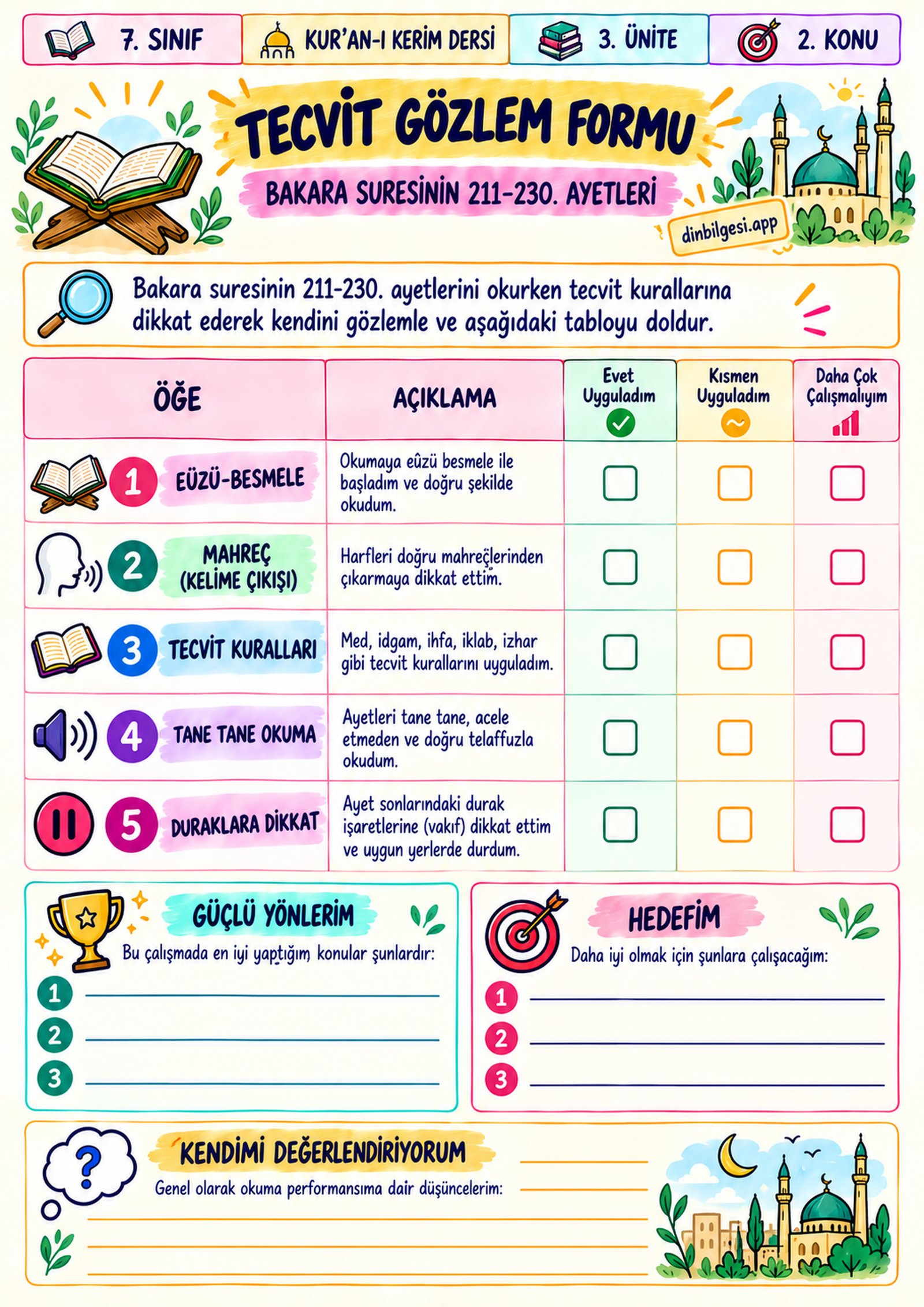 7. Sınıf Kur’an-ı Kerim Dersi – 3. Ünite – Kur’an-ı Kerim’i Öğreniyorum – 2. Konu – Bakara Suresinin 211-230. Ayetleri – Tecvit Gözlem Formu