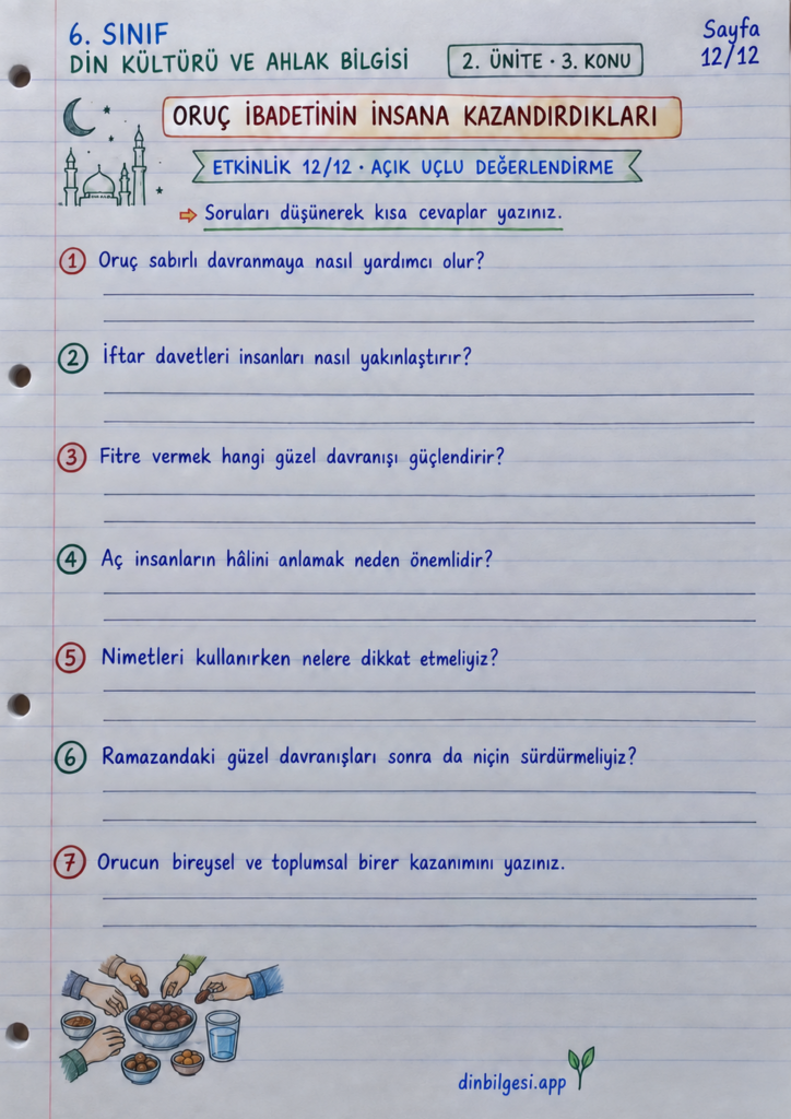 6. Sınıf Din Kültürü ve Ahlak Bilgisi – 2. Ünite Ramazan ve Oruç – 3. Konu Oruç İbadetinin İnsana Kazandırdıkları Konu Özeti ve Etkinlik 12: Açık Uçlu Değerlendirme