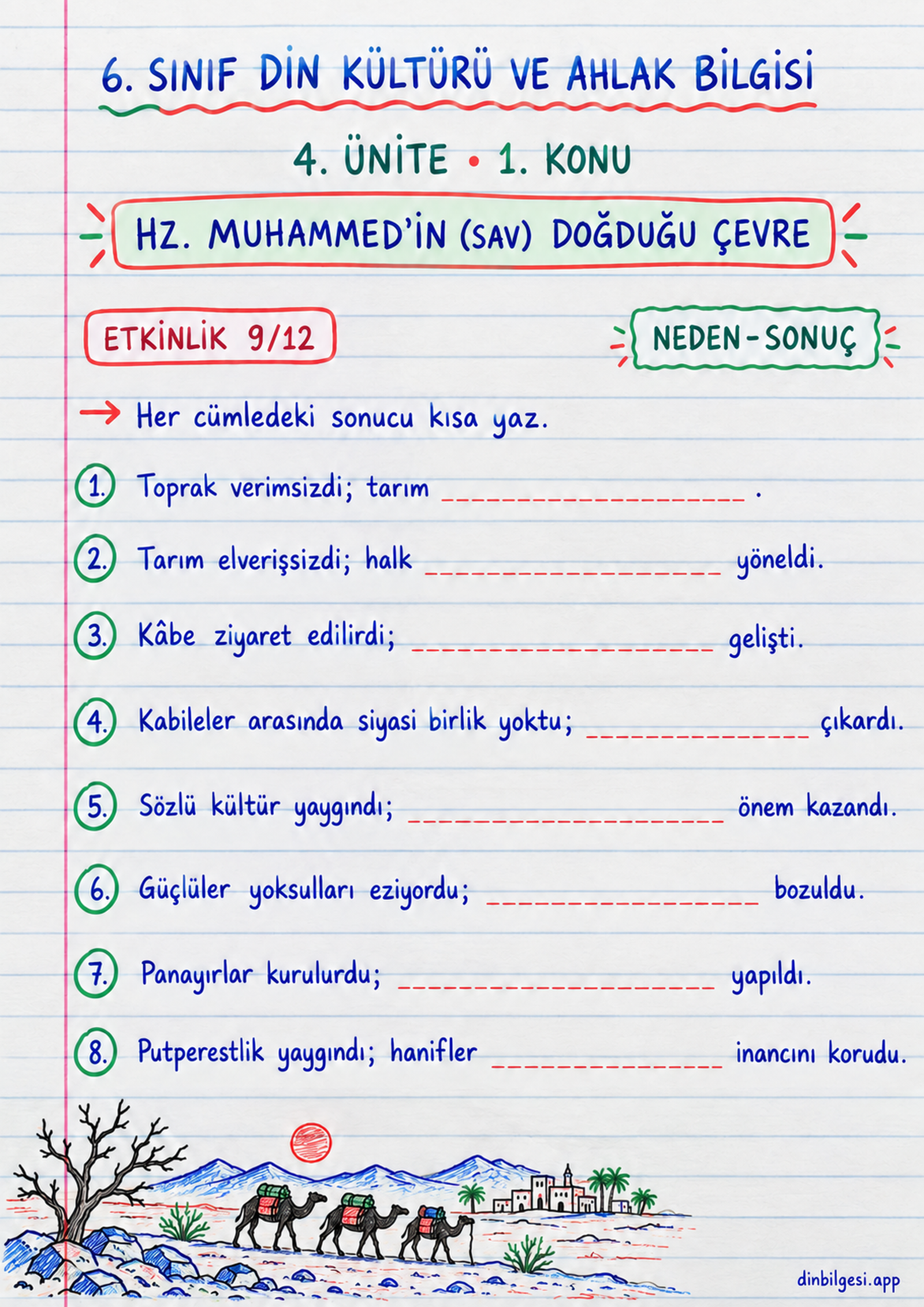 6. Sınıf Din Kültürü ve Ahlak Bilgisi – 4. Ünite Peygamberliğinden Önce Hz. Muhammed – 1. Konu Hz. Muhammed’in (sav) Doğduğu Çevre Konu Özeti ve Etkinlik 9: Neden-Sonuç
