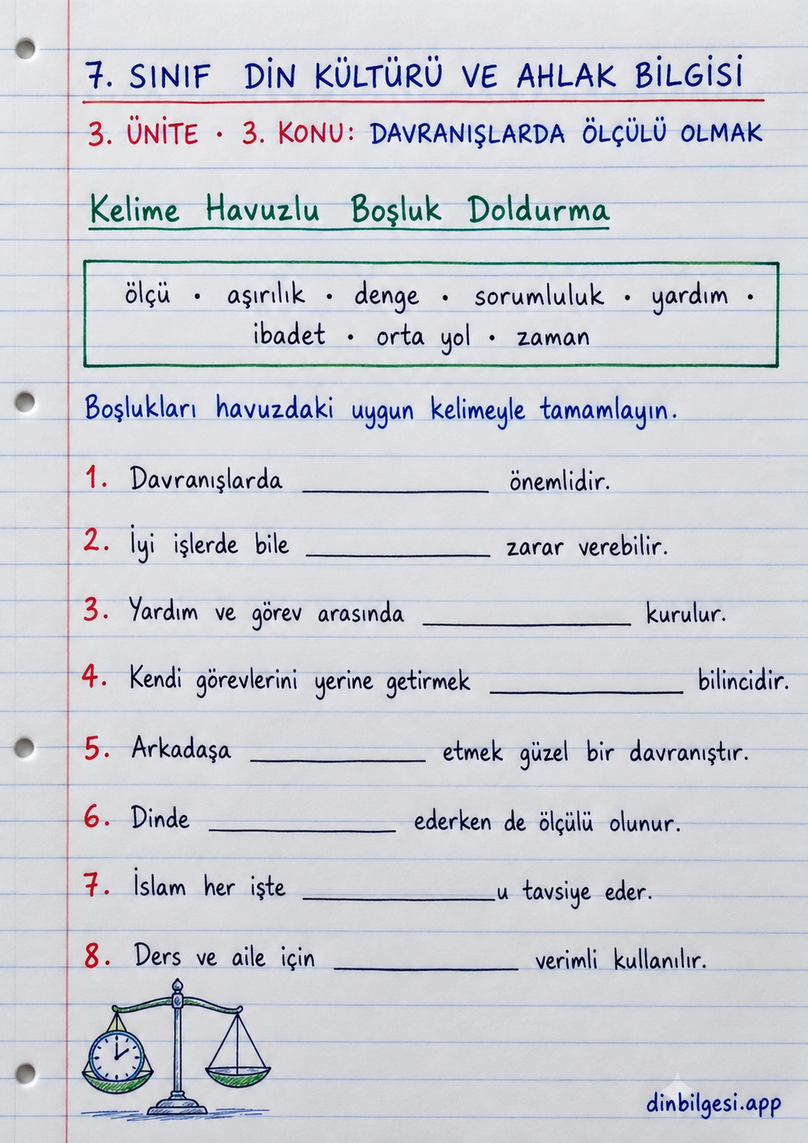 7. Sınıf Din Kültürü ve Ahlak Bilgisi – 3. Ünite Ahlaki Davranışlar – 3. Konu Davranışlarda Ölçülü Olmak Konu Özeti ve Etkinlik 1: Kelime Havuzlu Boşluk Doldurma