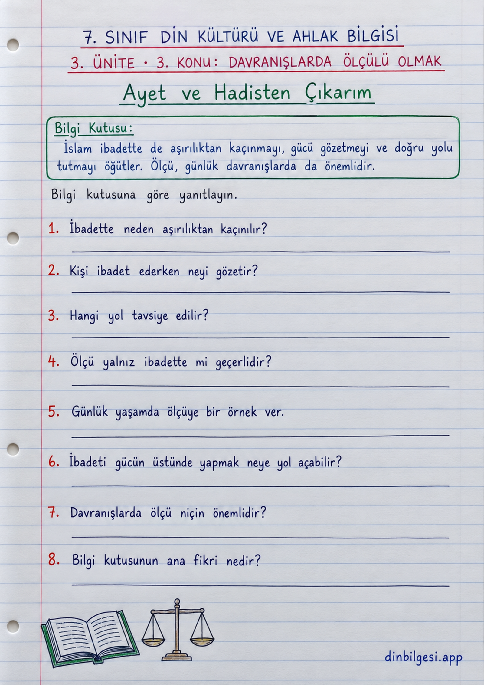 7. Sınıf Din Kültürü ve Ahlak Bilgisi – 3. Ünite Ahlaki Davranışlar – 3. Konu Davranışlarda Ölçülü Olmak Konu Özeti ve Etkinlik 10: Ayet ve Hadisten Çıkarım