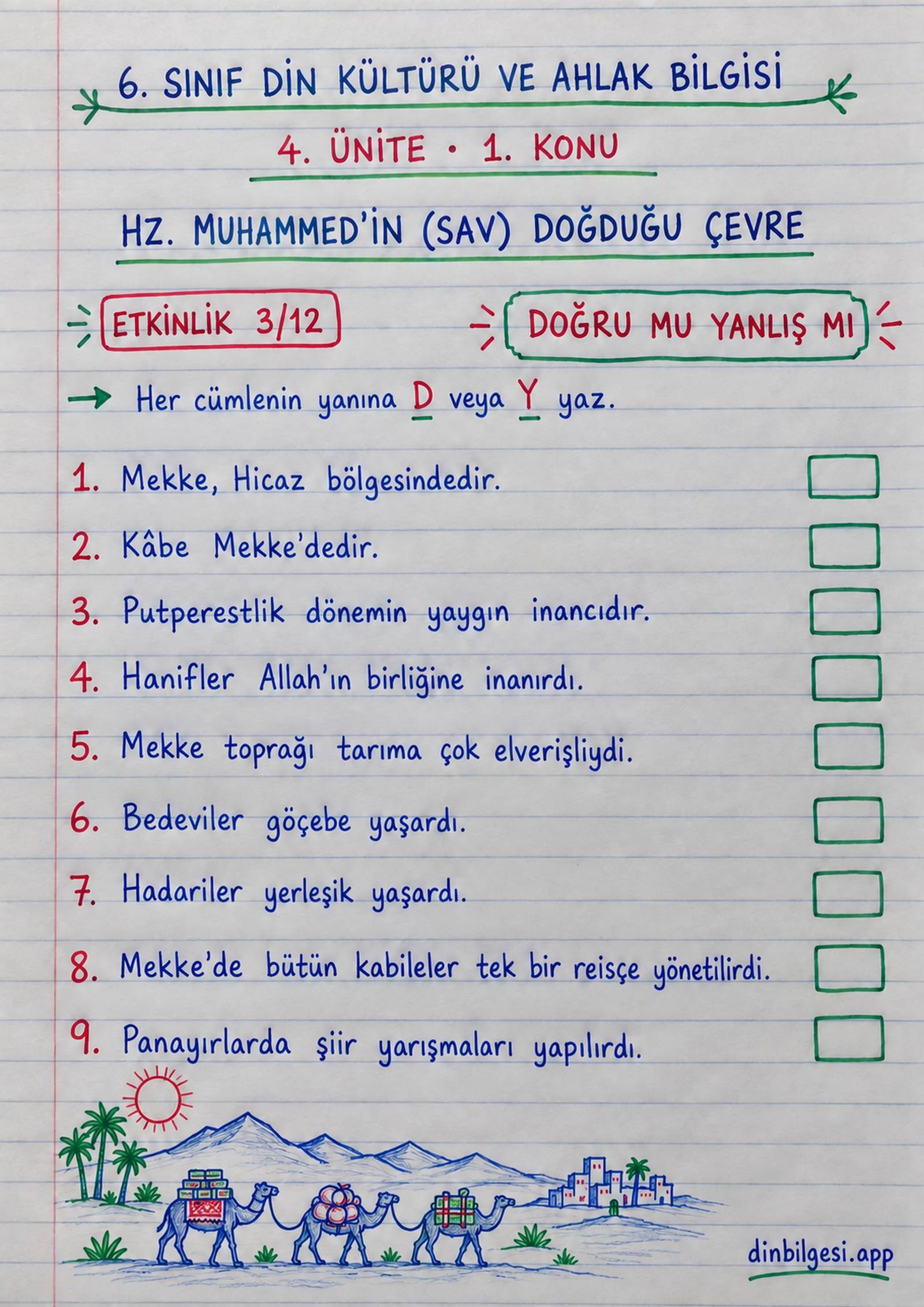 6. Sınıf Din Kültürü ve Ahlak Bilgisi – 4. Ünite Peygamberliğinden Önce Hz. Muhammed – 1. Konu Hz. Muhammed’in (sav) Doğduğu Çevre Konu Özeti ve Etkinlik 3: Doğru mu Yanlış mı