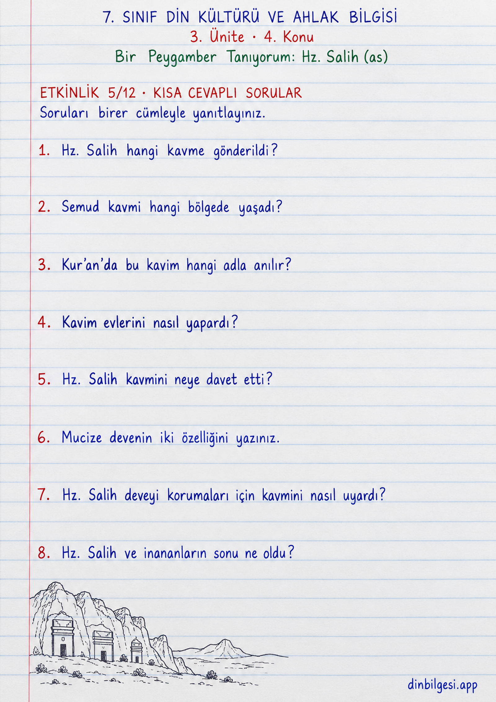 7. Sınıf Din Kültürü ve Ahlak Bilgisi – 3. Ünite Ahlaki Davranışlar – 4. Konu Bir Peygamber Tanıyorum: Hz. Salih (as) Konu Özeti ve Etkinlik 5: Kısa Cevaplı Sorular