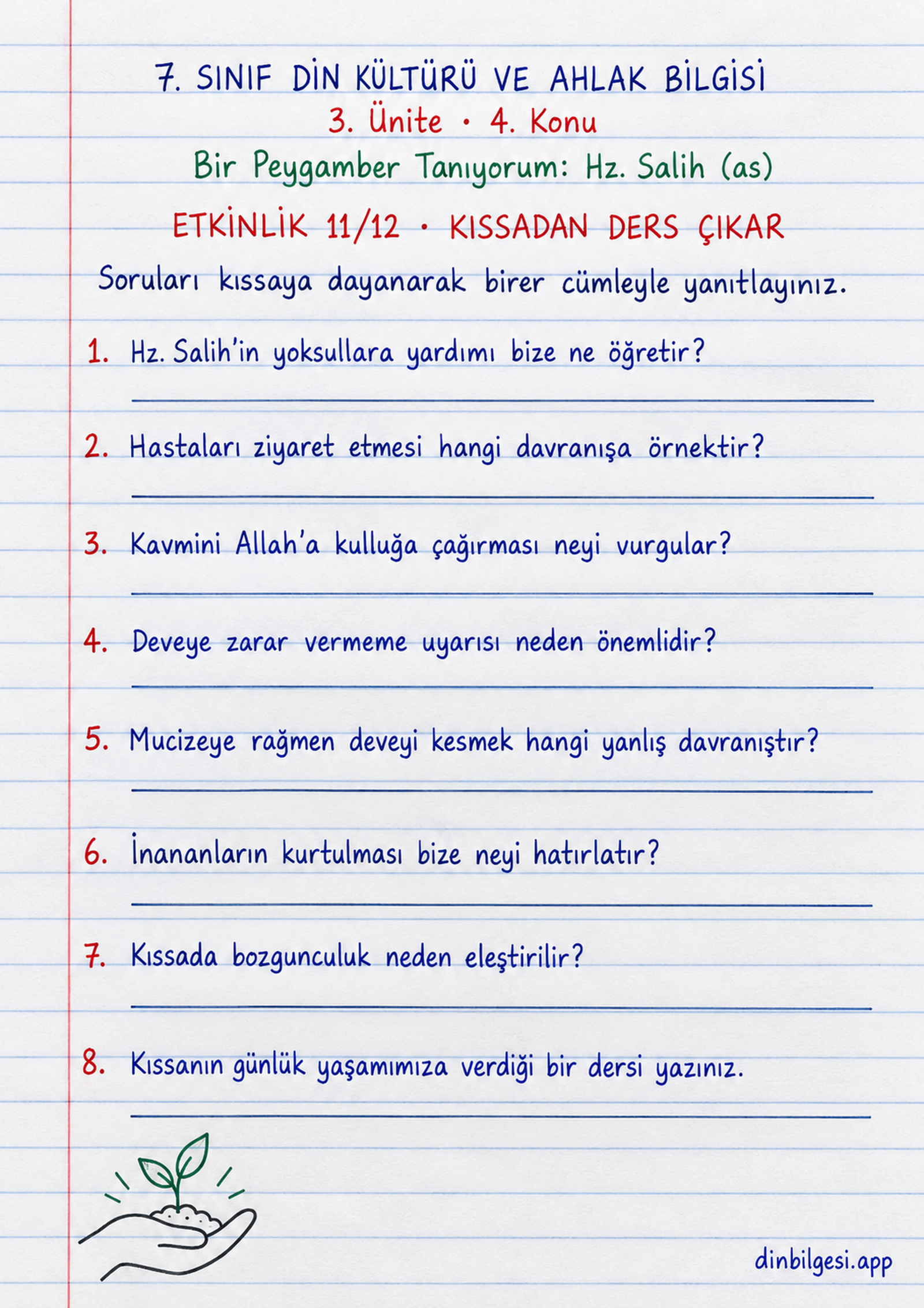 7. Sınıf Din Kültürü ve Ahlak Bilgisi – 3. Ünite Ahlaki Davranışlar – 4. Konu Bir Peygamber Tanıyorum: Hz. Salih (as) Konu Özeti ve Etkinlik 11: Kıssadan Ders Çıkar
