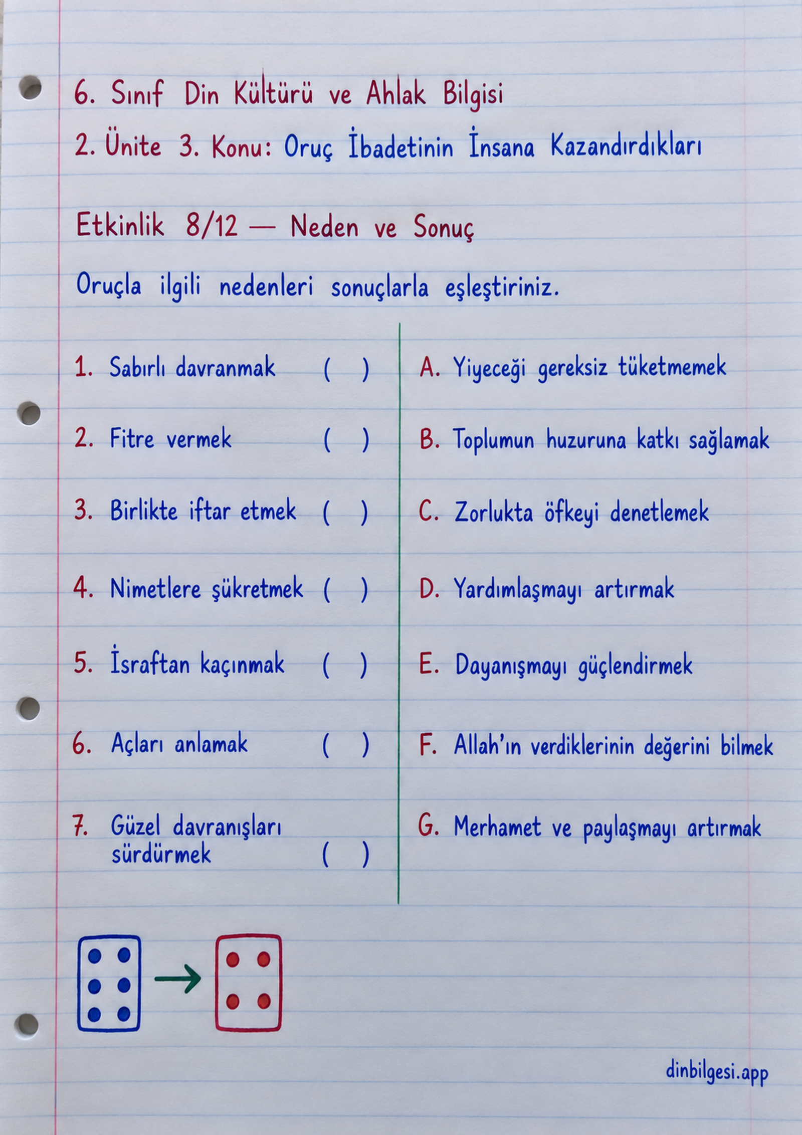 6. Sınıf Din Kültürü ve Ahlak Bilgisi – 2. Ünite Ramazan ve Oruç – 3. Konu Oruç İbadetinin İnsana Kazandırdıkları Konu Özeti ve Etkinlik 8: Davranış ve Sonuç Eşleştirme