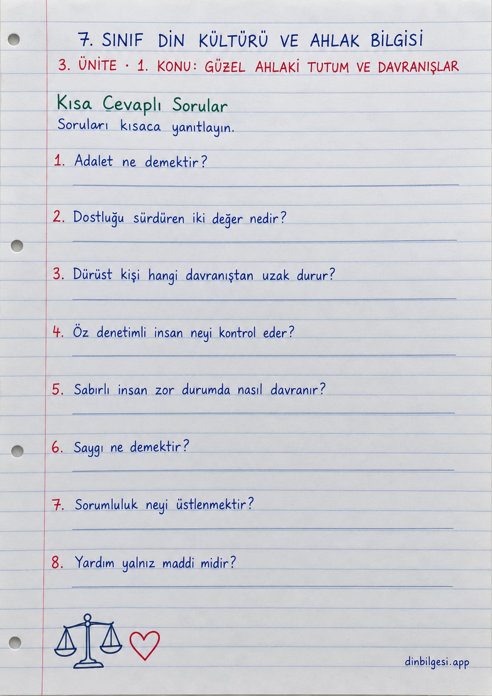 7. Sınıf Din Kültürü ve Ahlak Bilgisi – 3. Ünite Ahlaki Davranışlar – 1. Konu Güzel Ahlaki Tutum ve Davranışlar Konu Özeti ve Etkinlik 5: Kısa Cevaplı Sorular