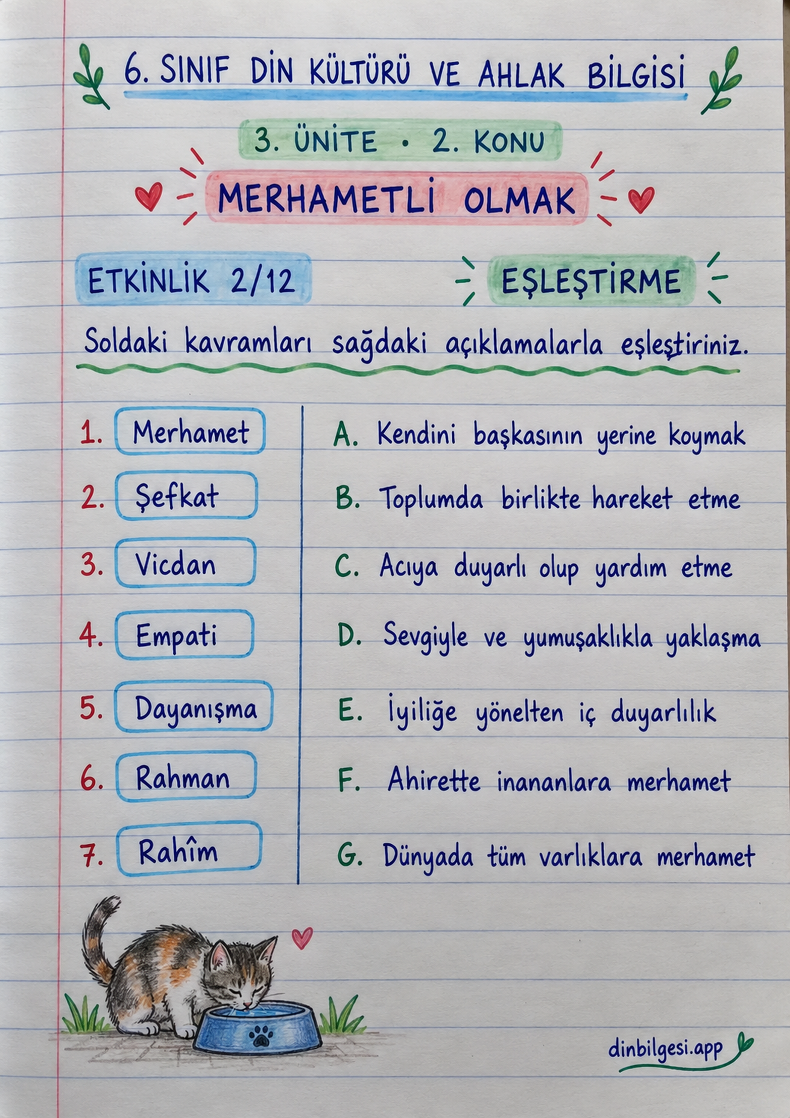 6. Sınıf Din Kültürü ve Ahlak Bilgisi – 3. Ünite Ahlaki Davranışlar – 2. Konu Merhametli Olmak Konu Özeti ve Etkinlik 2: Eşleştirme