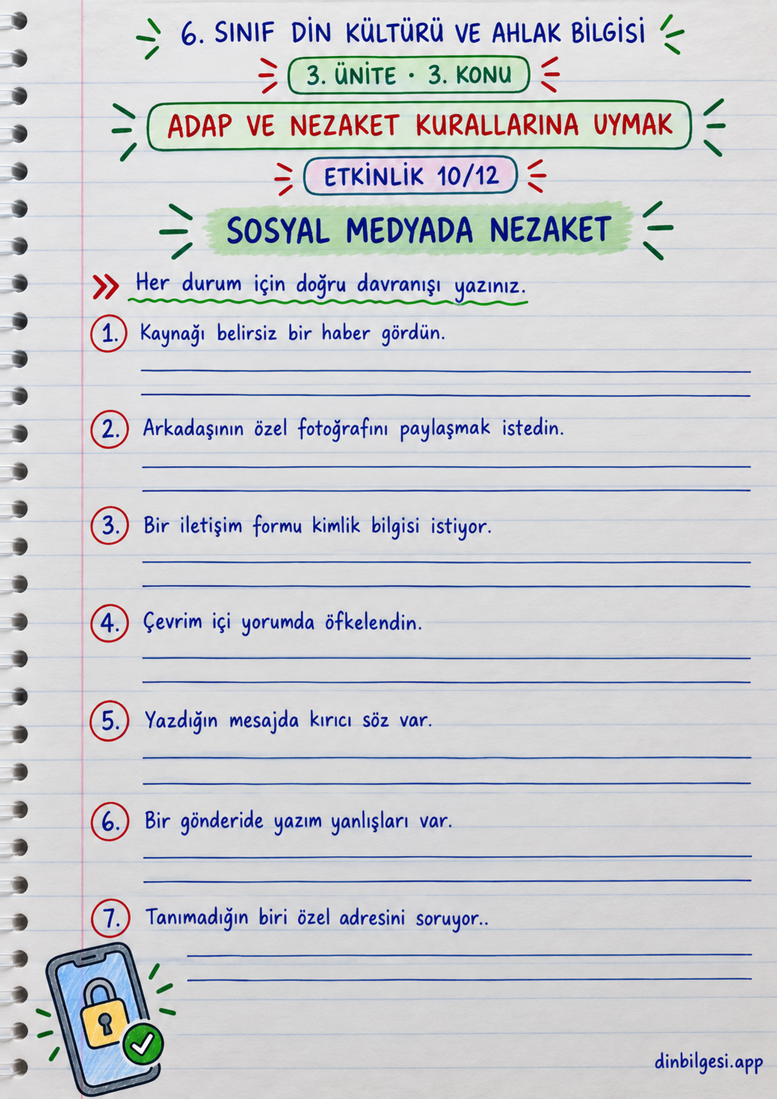 6. Sınıf Din Kültürü ve Ahlak Bilgisi – 3. Ünite Ahlaki Davranışlar – 3. Konu Adap ve Nezaket Kurallarına Uymak Konu Özeti ve Etkinlik 10: Sosyal Medyada Nezaket