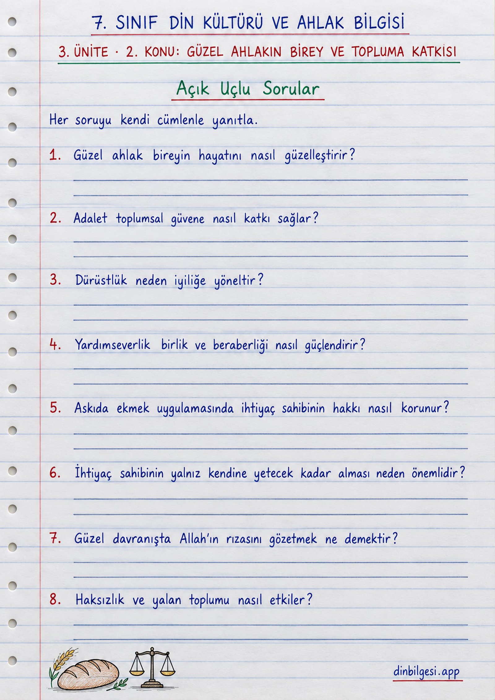 7. Sınıf Din Kültürü ve Ahlak Bilgisi – 3. Ünite Ahlaki Davranışlar – 2. Konu Güzel Ahlakın Birey ve Topluma Katkısı Konu Özeti ve Etkinlik 12: Açık Uçlu Sorular