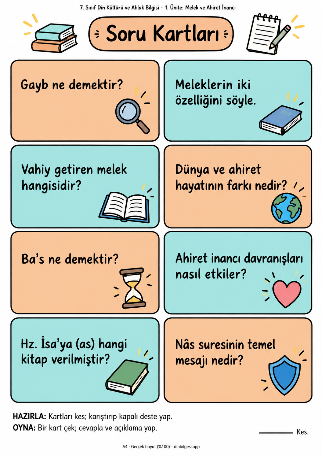7. Sınıf Din Kültürü ve Ahlak Bilgisi – 1. Ünite: Melek ve Ahiret İnancı – Soru Kartları