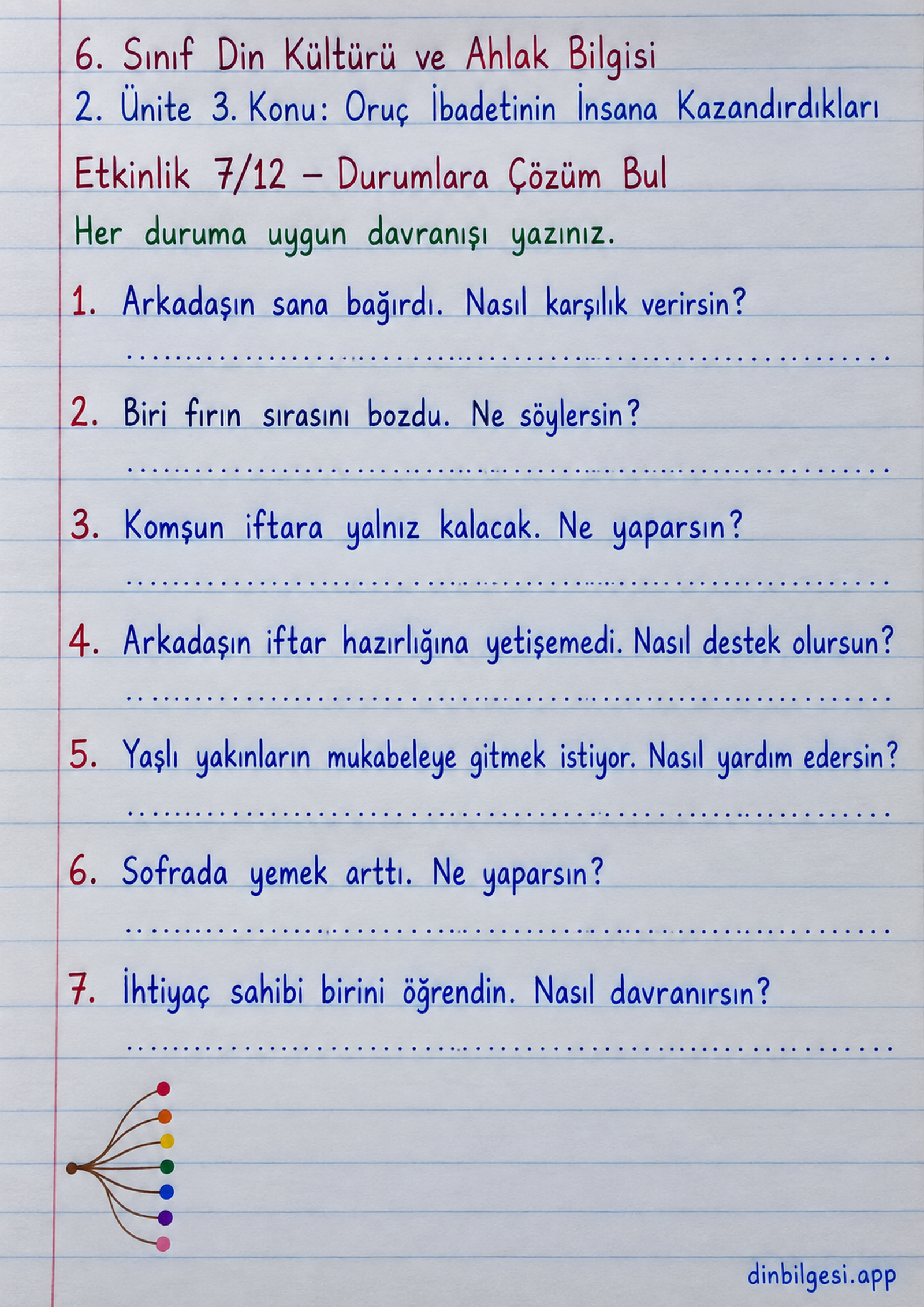 6. Sınıf Din Kültürü ve Ahlak Bilgisi – 2. Ünite Ramazan ve Oruç – 3. Konu Oruç İbadetinin İnsana Kazandırdıkları Konu Özeti ve Etkinlik 7: Günlük Yaşam Durumları