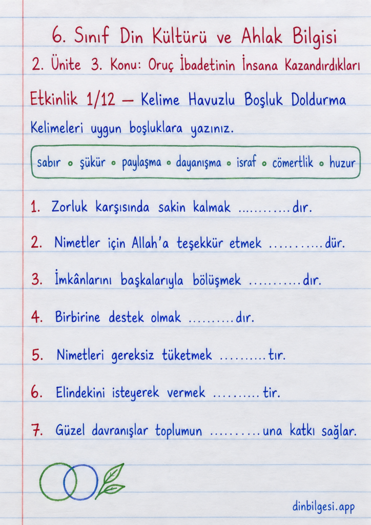 6. Sınıf Din Kültürü ve Ahlak Bilgisi – 2. Ünite Ramazan ve Oruç – 3. Konu Oruç İbadetinin İnsana Kazandırdıkları Konu Özeti ve Etkinlik 1: Kelime Havuzlu Boşluk Doldurma