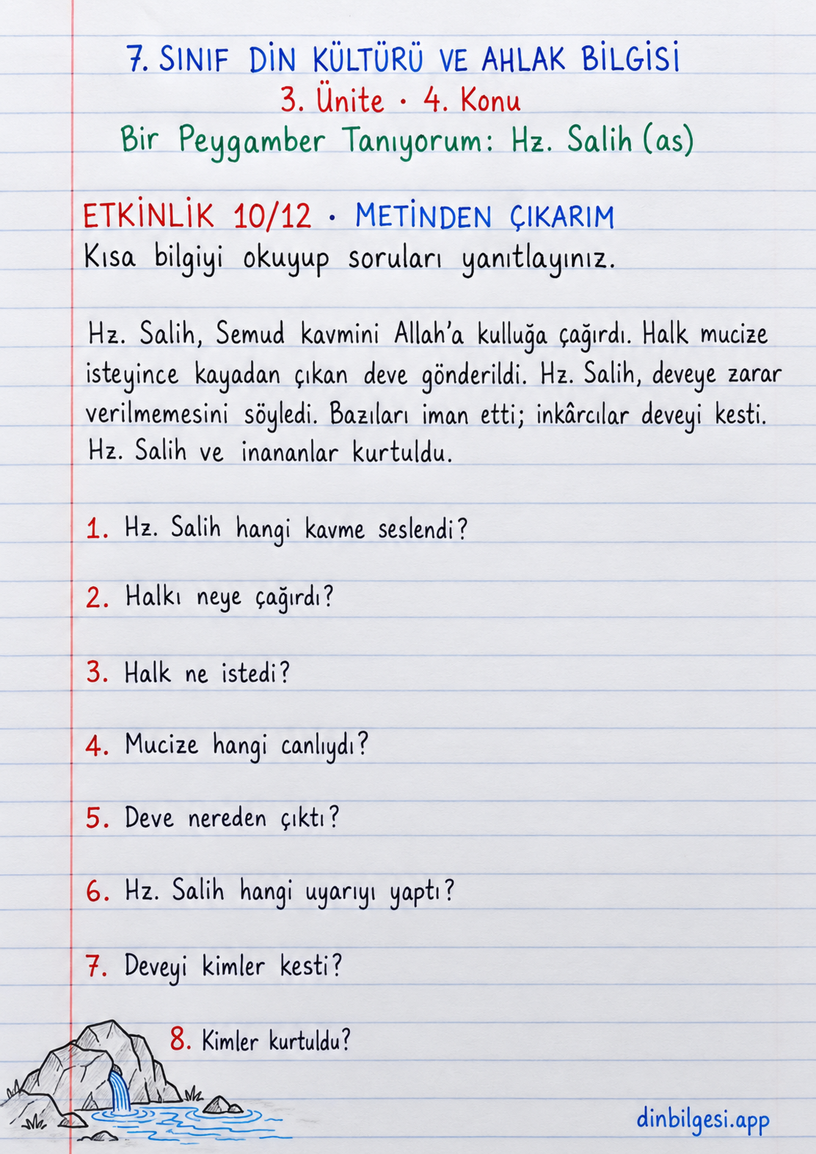 7. Sınıf Din Kültürü ve Ahlak Bilgisi – 3. Ünite Ahlaki Davranışlar – 4. Konu Bir Peygamber Tanıyorum: Hz. Salih (as) Konu Özeti ve Etkinlik 10: Metinden Çıkarım