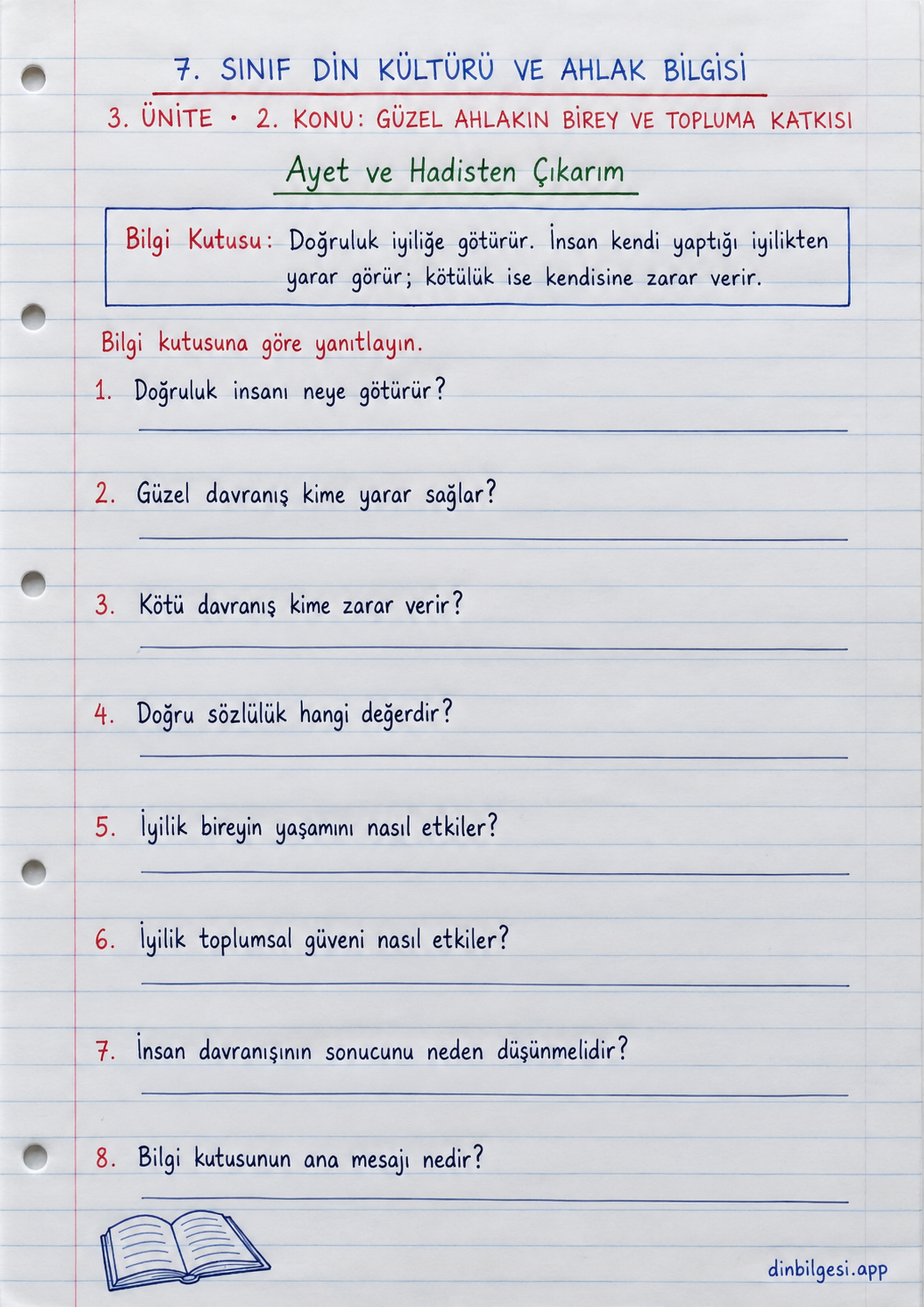 7. Sınıf Din Kültürü ve Ahlak Bilgisi – 3. Ünite Ahlaki Davranışlar – 2. Konu Güzel Ahlakın Birey ve Topluma Katkısı Konu Özeti ve Etkinlik 10: Ayet ve Hadisten Çıkarım