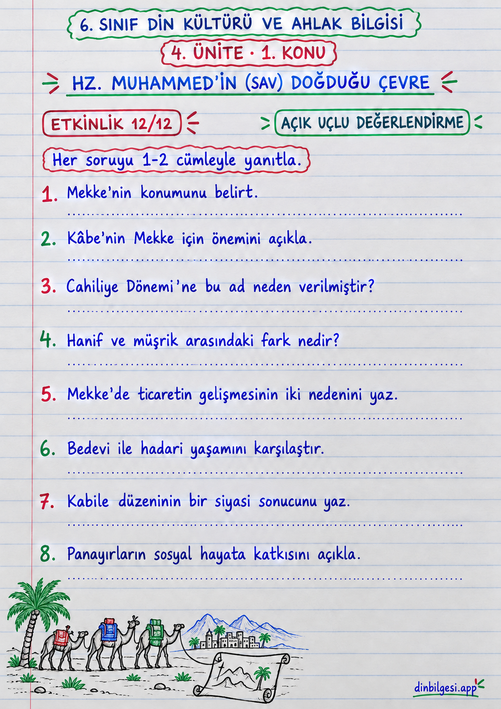 6. Sınıf Din Kültürü ve Ahlak Bilgisi – 4. Ünite Peygamberliğinden Önce Hz. Muhammed – 1. Konu Hz. Muhammed’in (sav) Doğduğu Çevre Konu Özeti ve Etkinlik 12: Açık Uçlu Değerlendirm