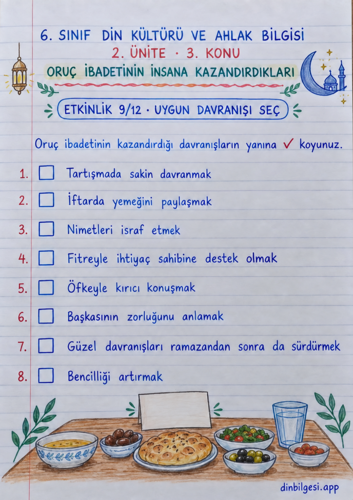 6. Sınıf Din Kültürü ve Ahlak Bilgisi – 2. Ünite Ramazan ve Oruç – 3. Konu Oruç İbadetinin İnsana Kazandırdıkları Konu Özeti ve Etkinlik 9: Uygun Davranışı Seç
