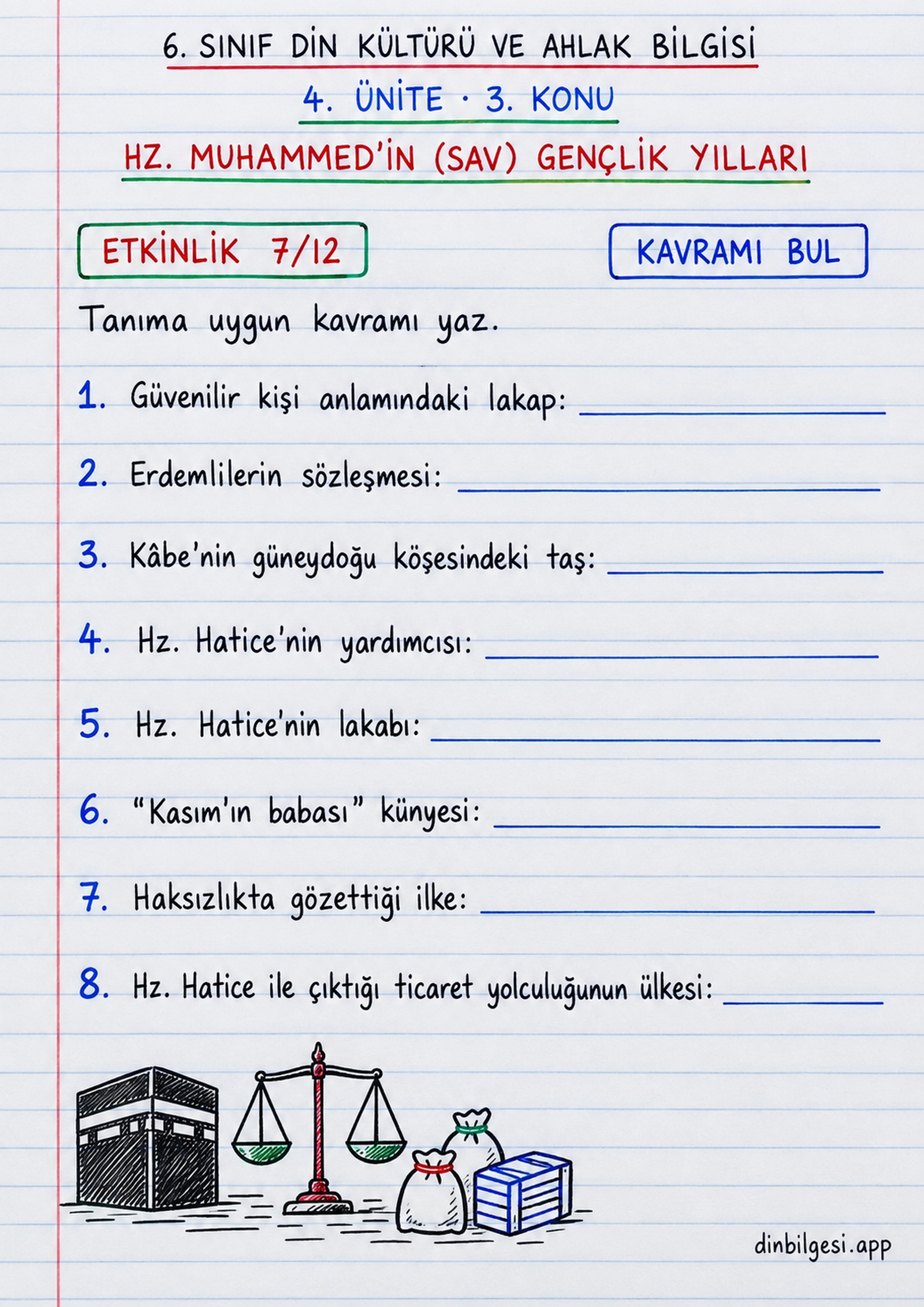 6. Sınıf Din Kültürü ve Ahlak Bilgisi – 4. Ünite Peygamberliğinden Önce Hz. Muhammed – 3. Konu Hz. Muhammed’in (sav) Gençlik Yılları Konu Özeti ve Etkinlik 7: Kavramı Bul