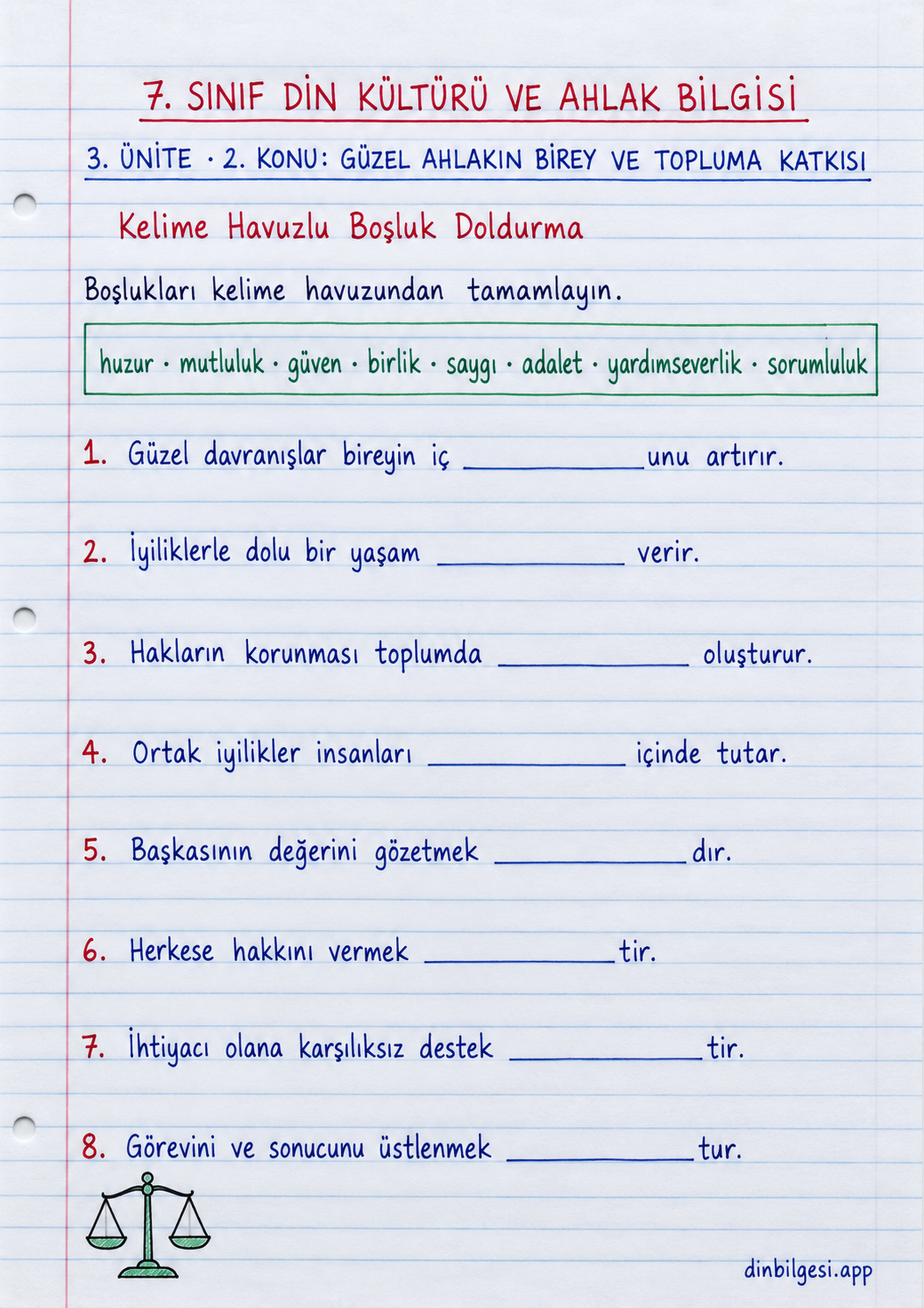 7. Sınıf Din Kültürü ve Ahlak Bilgisi – 3. Ünite Ahlaki Davranışlar – 2. Konu Güzel Ahlakın Birey ve Topluma Katkısı Konu Özeti ve Etkinlik 1: Kelime Havuzlu Boşluk Doldurma