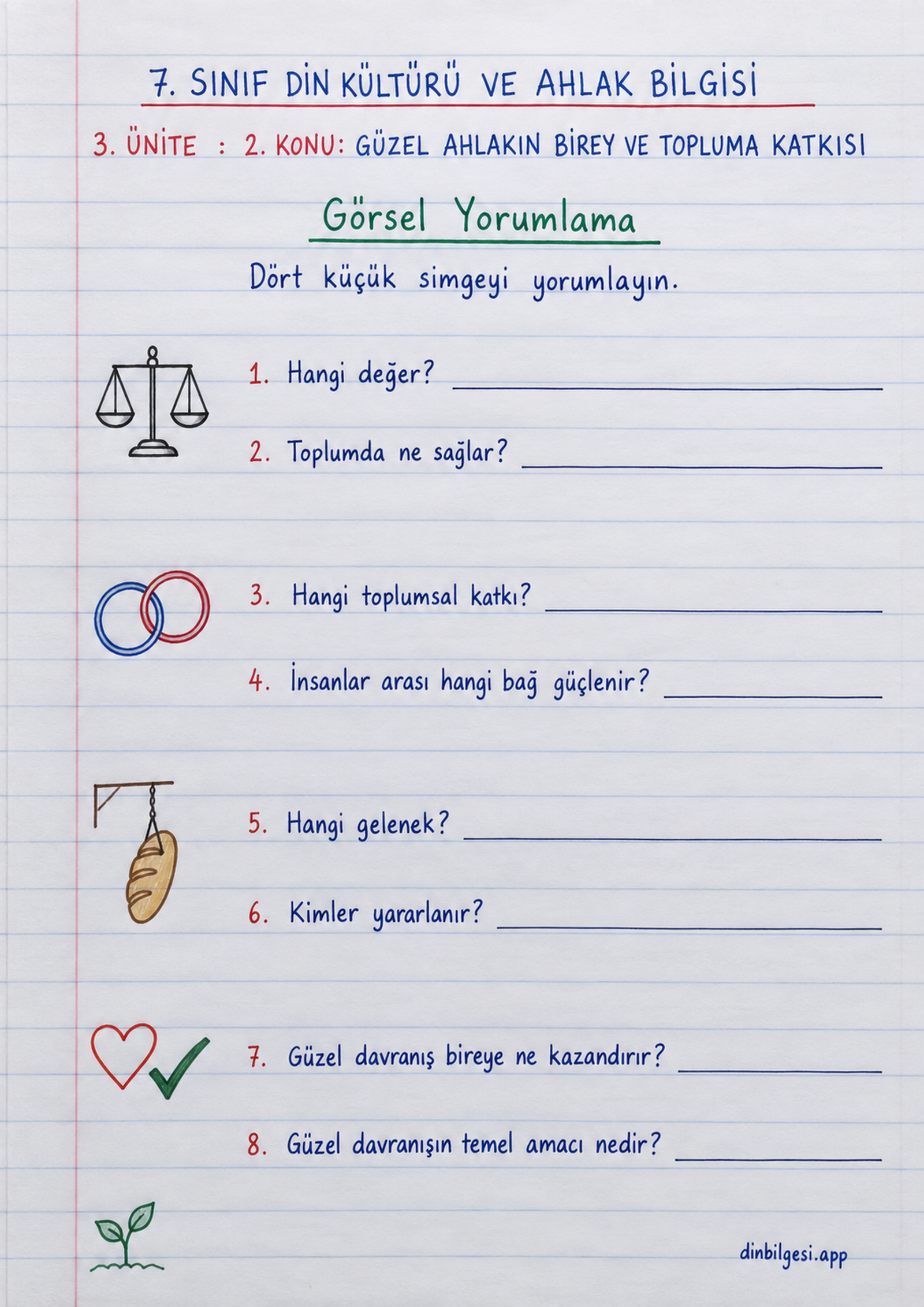 7. Sınıf Din Kültürü ve Ahlak Bilgisi – 3. Ünite Ahlaki Davranışlar – 2. Konu Güzel Ahlakın Birey ve Topluma Katkısı Konu Özeti ve Etkinlik 9: Görsel Yorumlama