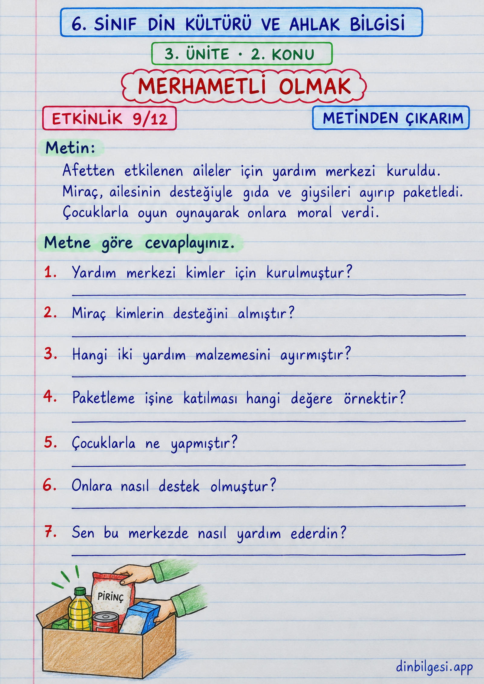 6. Sınıf Din Kültürü ve Ahlak Bilgisi – 3. Ünite Ahlaki Davranışlar – 2. Konu Merhametli Olmak Konu Özeti ve Etkinlik 9: Metinden Çıkarım