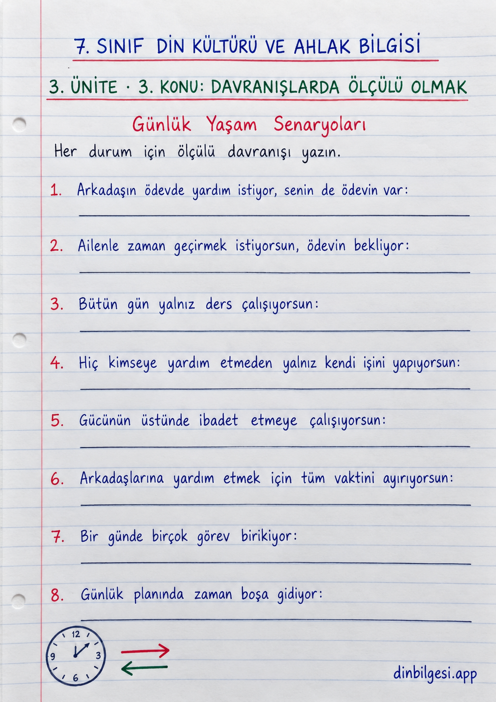 7. Sınıf Din Kültürü ve Ahlak Bilgisi – 3. Ünite Ahlaki Davranışlar – 3. Konu Davranışlarda Ölçülü Olmak Konu Özeti ve Etkinlik 11: Günlük Yaşam Senaryoları