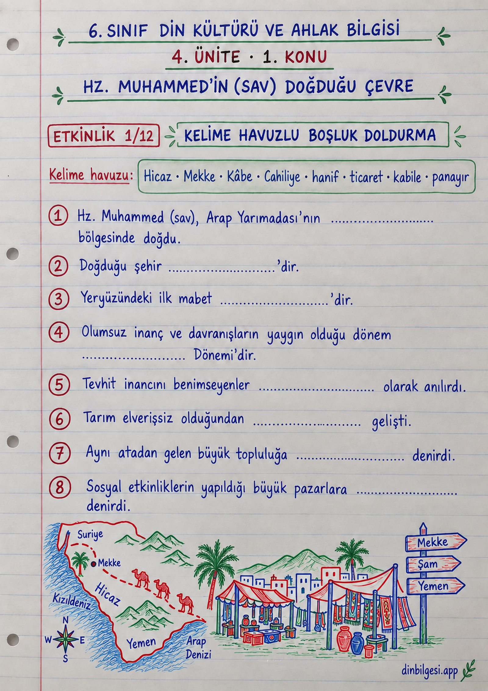 6. Sınıf Din Kültürü ve Ahlak Bilgisi – 4. Ünite Peygamberliğinden Önce Hz. Muhammed – 1. Konu Hz. Muhammed’in (sav) Doğduğu Çevre Konu Özeti ve Etkinlik 1: Kelime Havuzlu Boşluk D