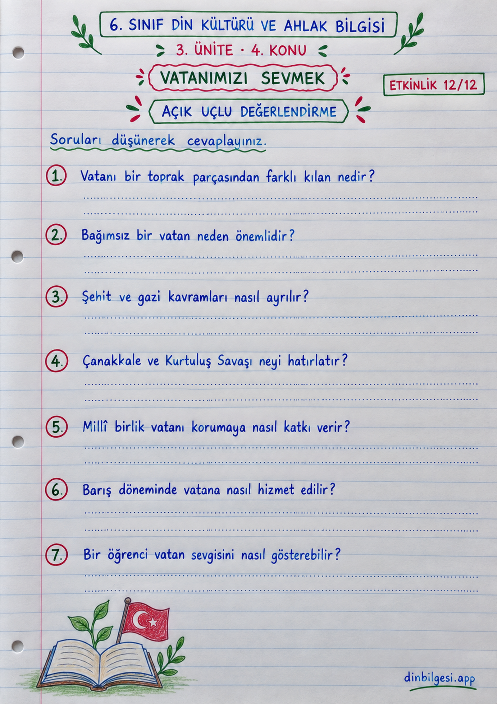 6. Sınıf Din Kültürü ve Ahlak Bilgisi – 3. Ünite Ahlaki Davranışlar – 4. Konu Vatanımızı Sevmek Konu Özeti ve Etkinlik 12: Açık Uçlu Değerlendirme