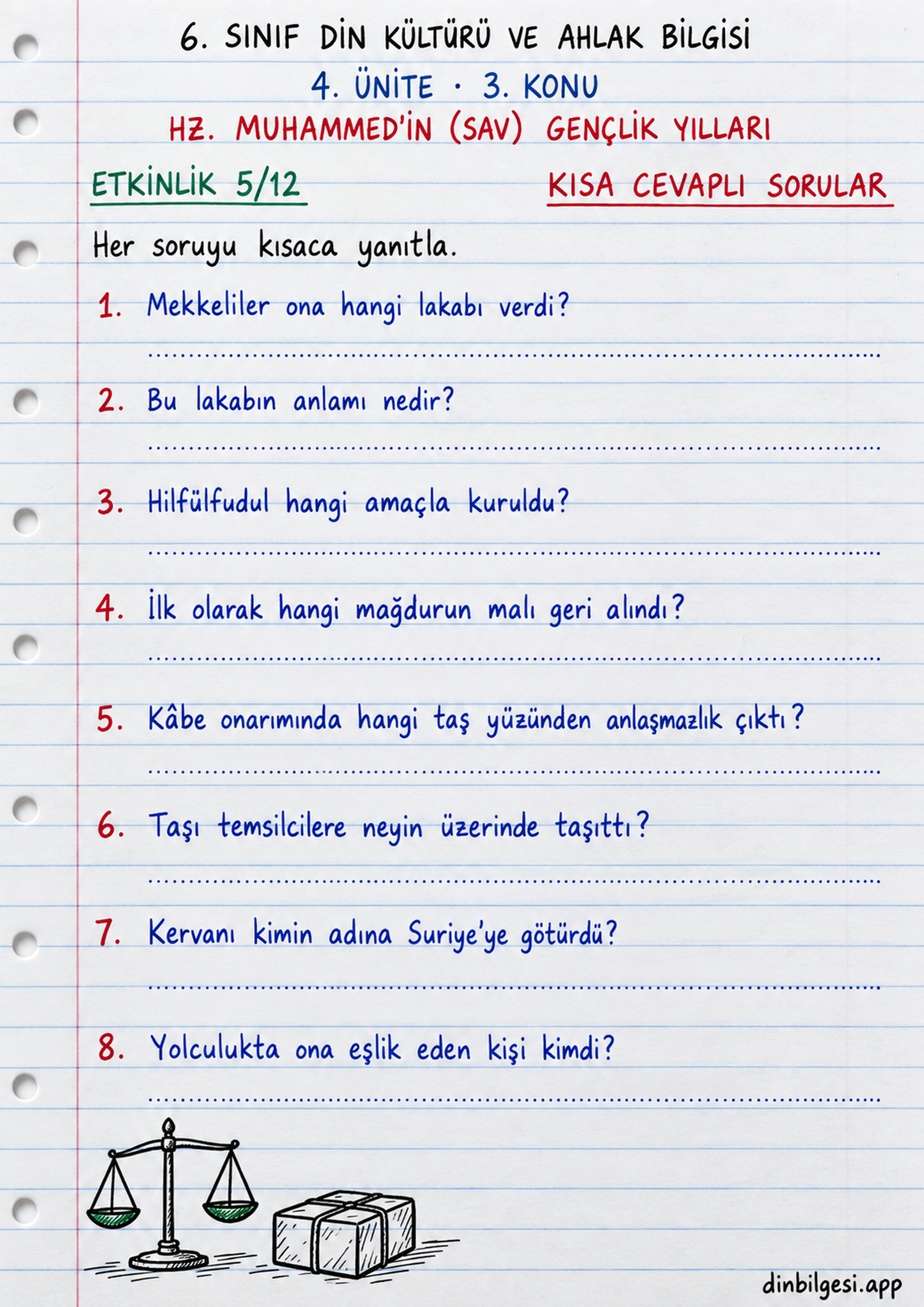 6. Sınıf Din Kültürü ve Ahlak Bilgisi – 4. Ünite Peygamberliğinden Önce Hz. Muhammed – 3. Konu Hz. Muhammed’in (sav) Gençlik Yılları Konu Özeti ve Etkinlik 5: Kısa Cevaplı Sorular