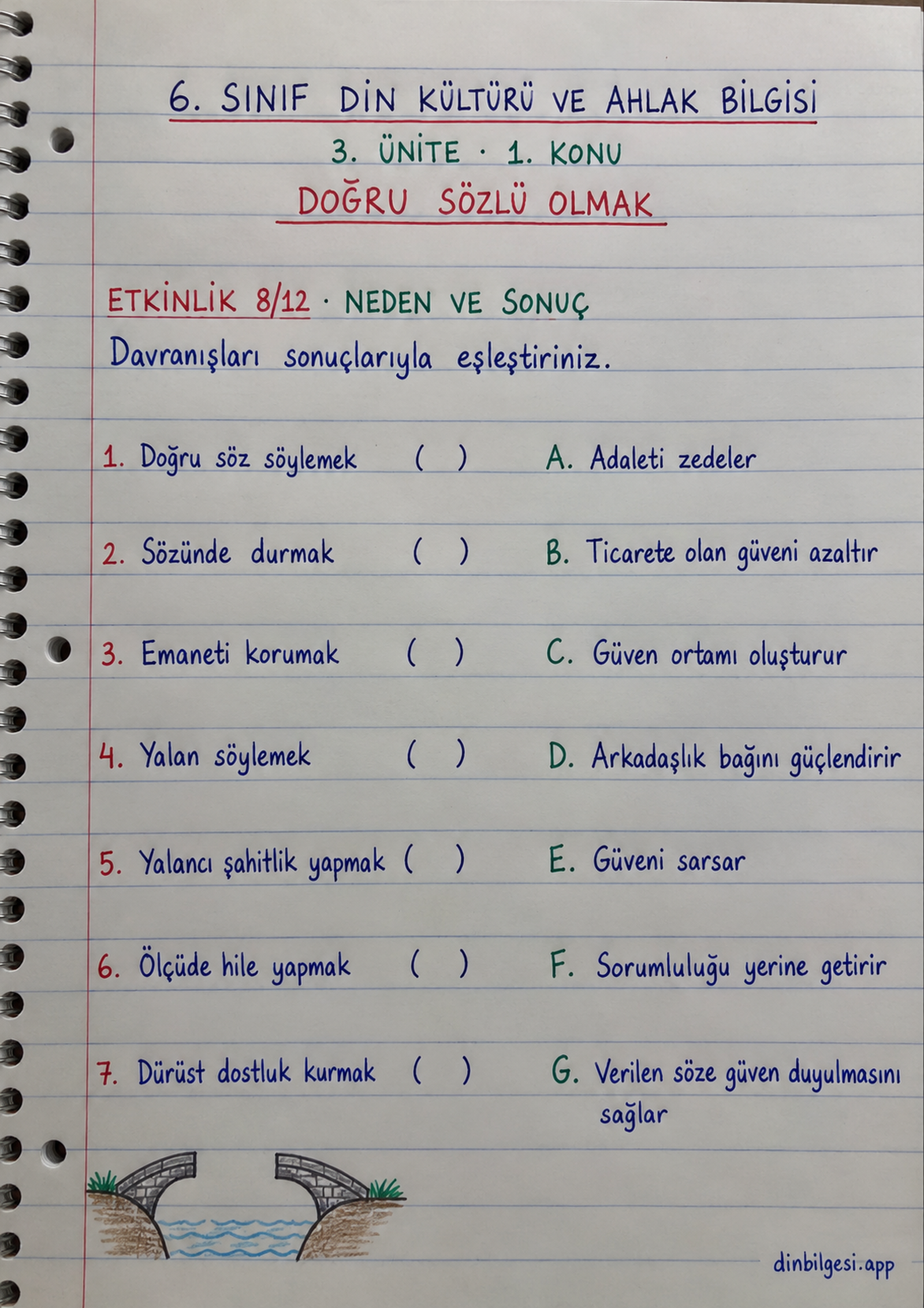 6. Sınıf Din Kültürü ve Ahlak Bilgisi – 3. Ünite Ahlaki Davranışlar – 1. Konu Doğru Sözlü Olmak Konu Özeti ve Etkinlik 8: Neden ve Sonuç