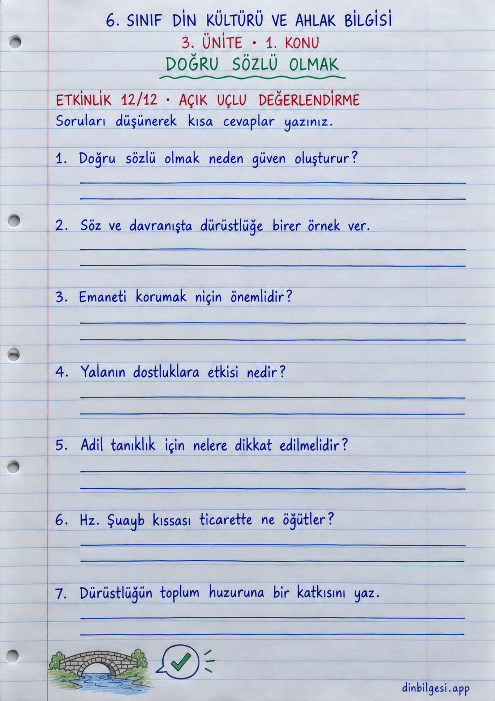 6. Sınıf Din Kültürü ve Ahlak Bilgisi – 3. Ünite Ahlaki Davranışlar – 1. Konu Doğru Sözlü Olmak Konu Özeti ve Etkinlik 12: Açık Uçlu Değerlendirme