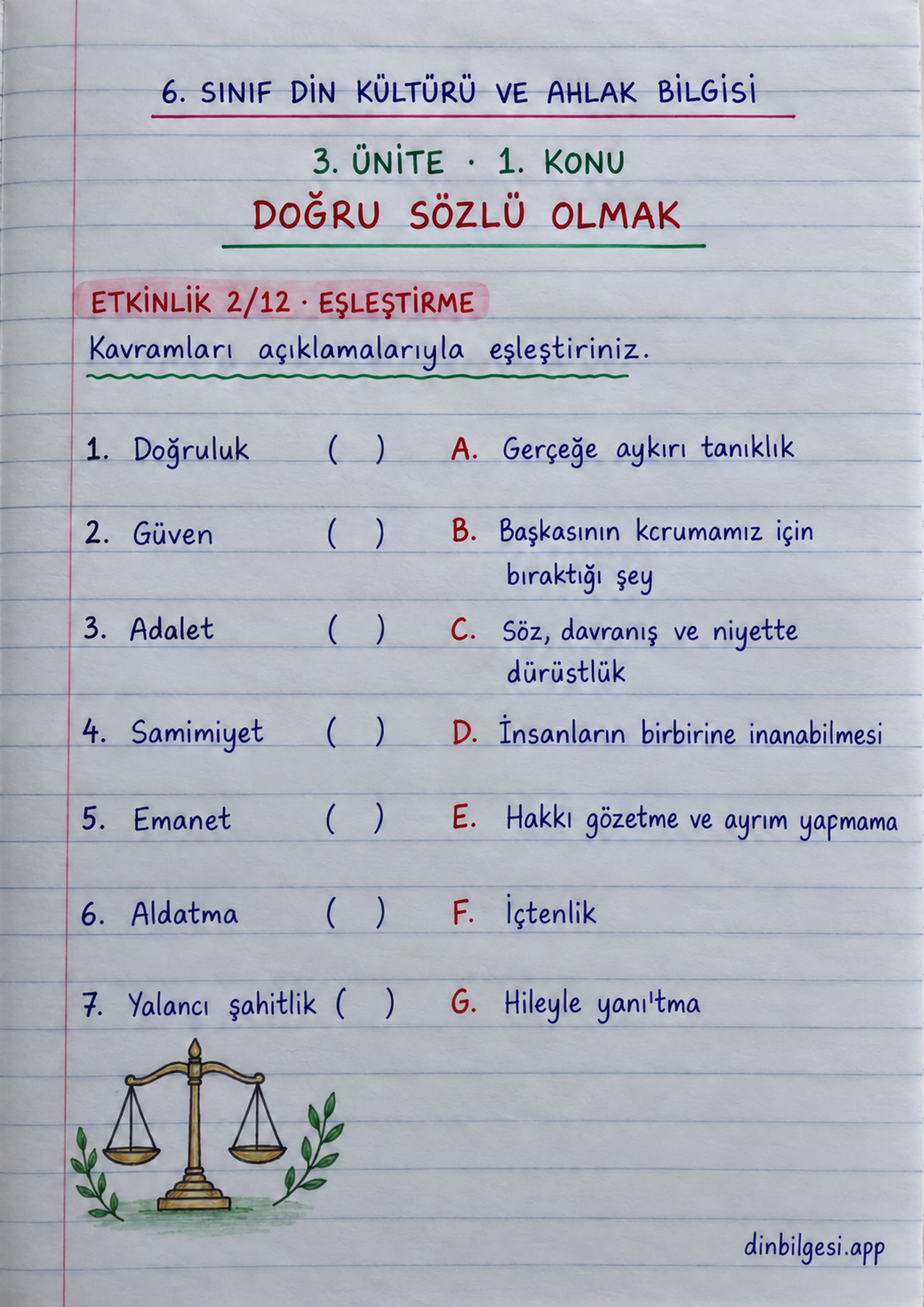 6. Sınıf Din Kültürü ve Ahlak Bilgisi – 3. Ünite Ahlaki Davranışlar – 1. Konu Doğru Sözlü Olmak Konu Özeti ve Etkinlik 2: Eşleştirme