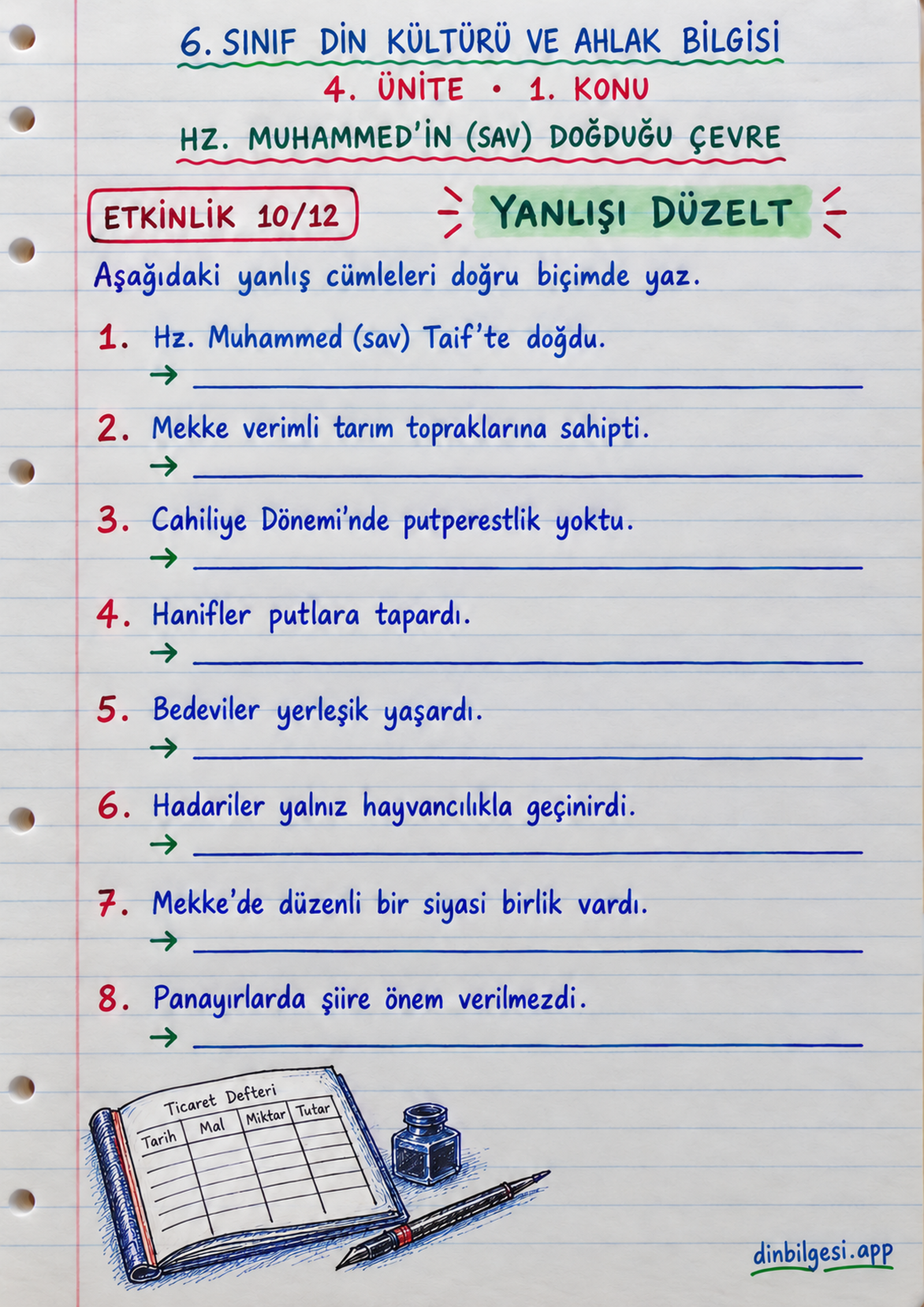 6. Sınıf Din Kültürü ve Ahlak Bilgisi – 4. Ünite Peygamberliğinden Önce Hz. Muhammed – 1. Konu Hz. Muhammed’in (sav) Doğduğu Çevre Konu Özeti ve Etkinlik 10: Yanlışı Düzelt