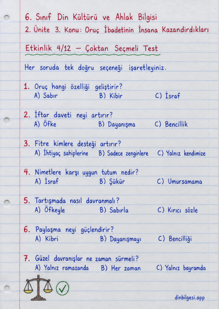 6. Sınıf Din Kültürü ve Ahlak Bilgisi – 2. Ünite Ramazan ve Oruç – 3. Konu Oruç İbadetinin İnsana Kazandırdıkları Konu Özeti ve Etkinlik 4: Çoktan Seçmeli Test