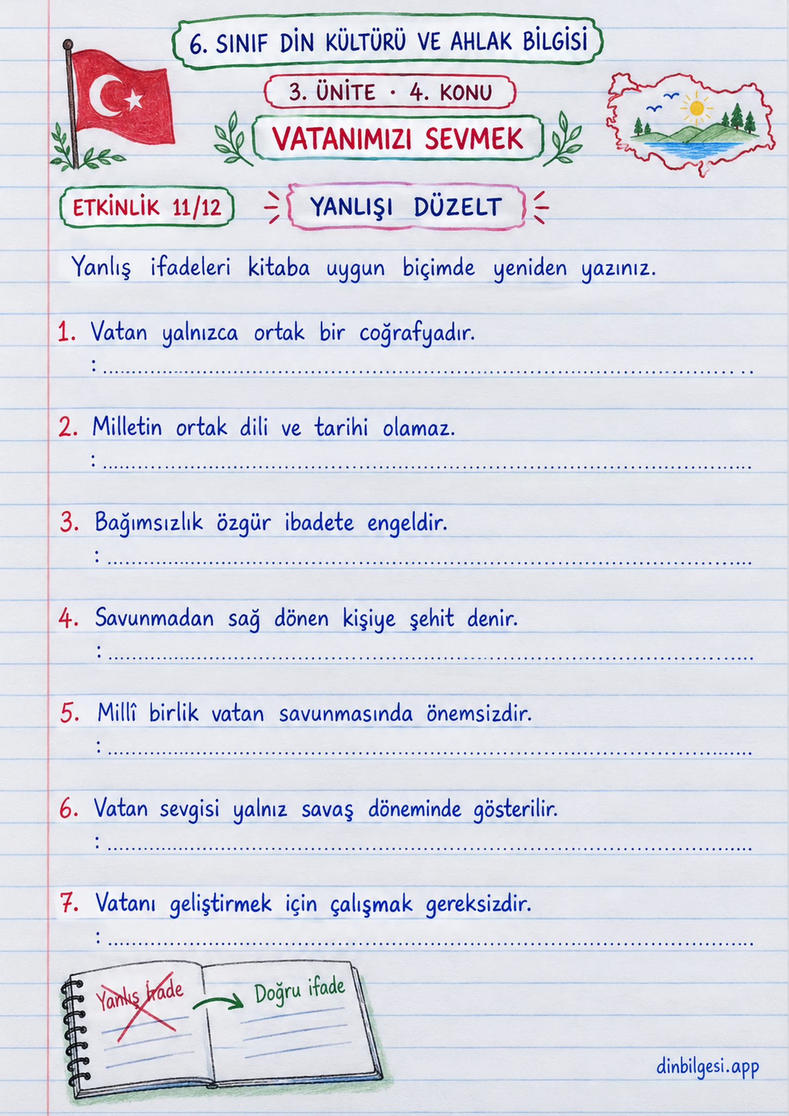 6. Sınıf Din Kültürü ve Ahlak Bilgisi – 3. Ünite Ahlaki Davranışlar – 4. Konu Vatanımızı Sevmek Konu Özeti ve Etkinlik 11: Yanlışı Düzelt