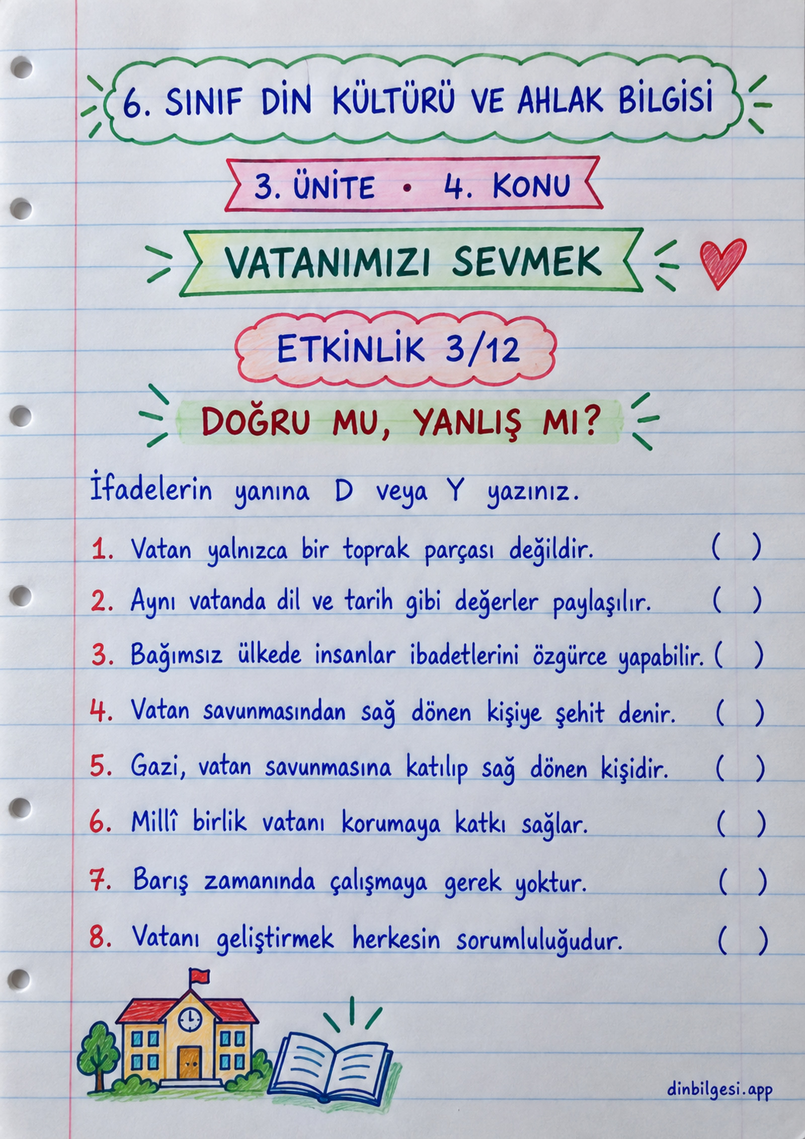 6. Sınıf Din Kültürü ve Ahlak Bilgisi – 3. Ünite Ahlaki Davranışlar – 4. Konu Vatanımızı Sevmek Konu Özeti ve Etkinlik 3: Doğru mu Yanlış mı