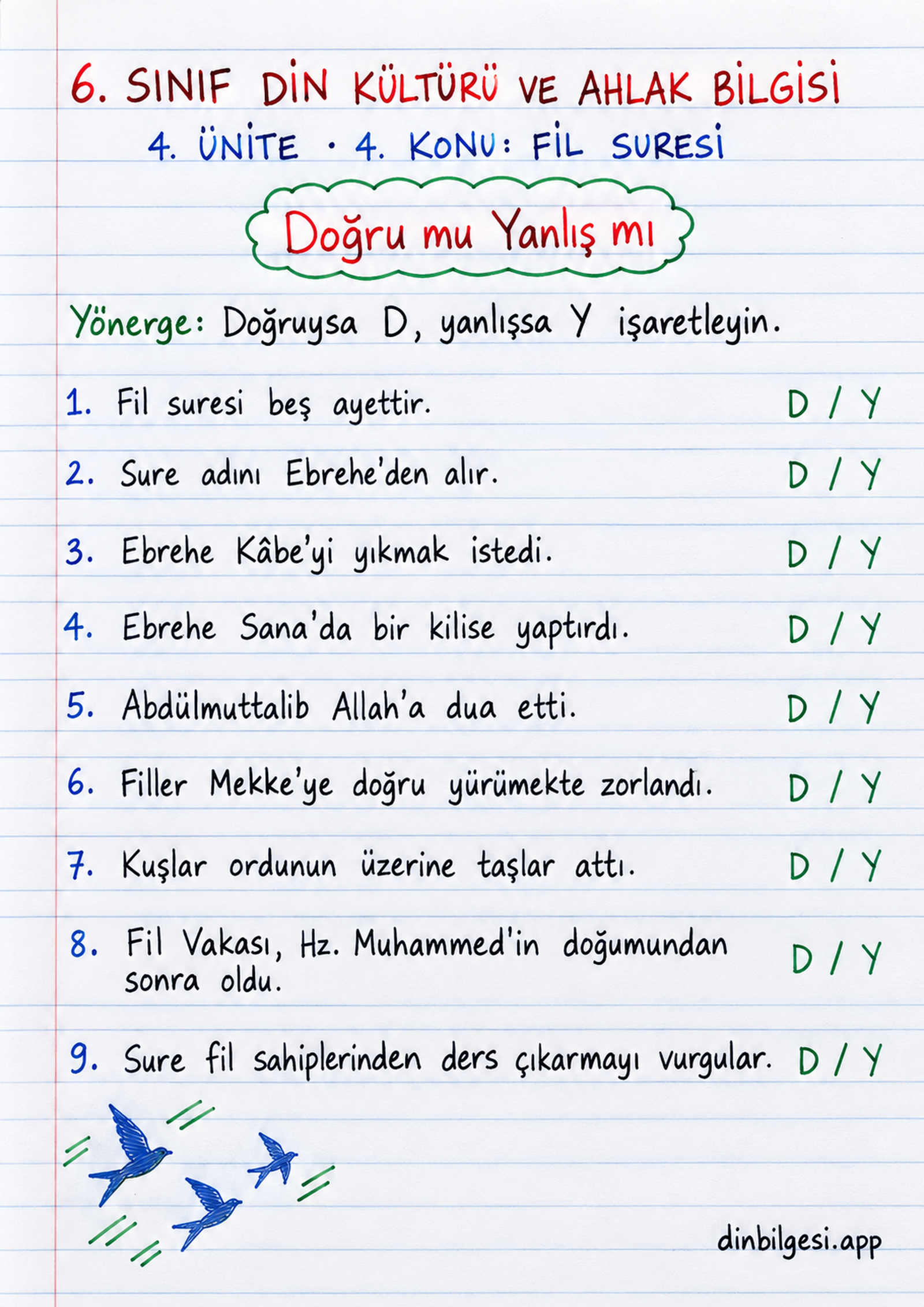 6. Sınıf Din Kültürü ve Ahlak Bilgisi – 4. Ünite Peygamberliğinden Önce Hz. Muhammed – 4. Konu Bir Sure Öğreniyorum: Fil Suresi Konu Özeti ve Etkinlik 3: Doğru mu Yanlış mı