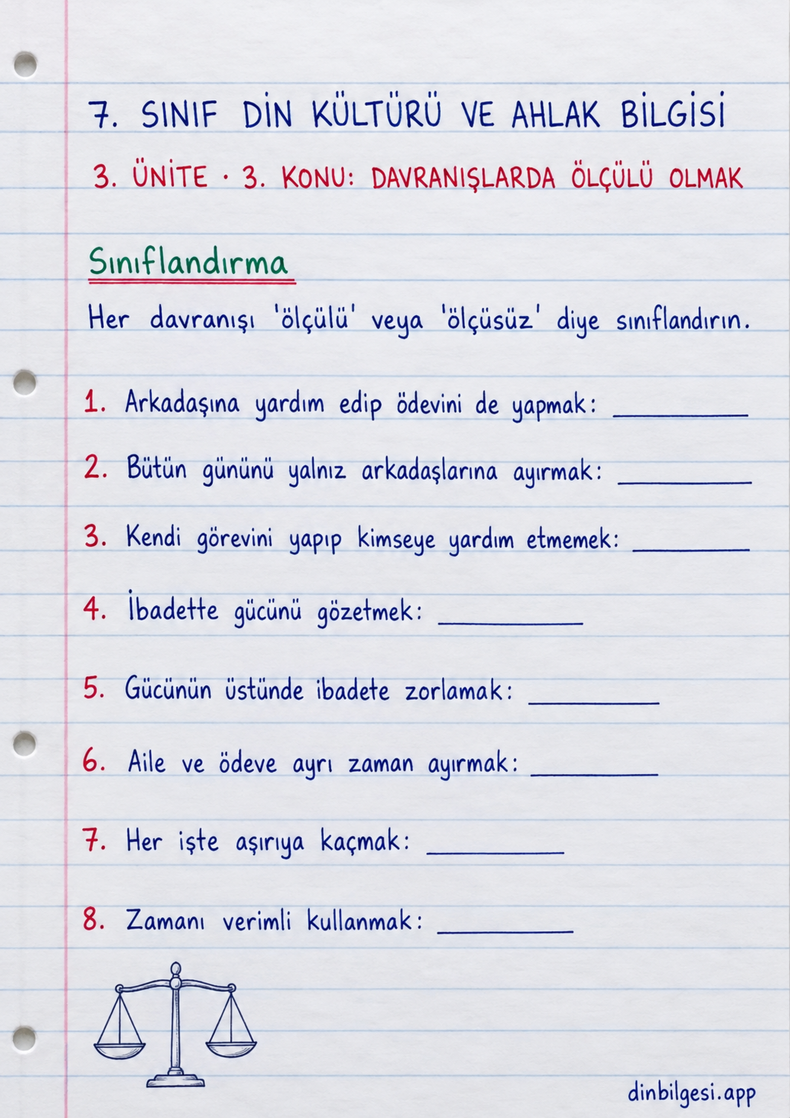 7. Sınıf Din Kültürü ve Ahlak Bilgisi – 3. Ünite Ahlaki Davranışlar – 3. Konu Davranışlarda Ölçülü Olmak Konu Özeti ve Etkinlik 7: Sınıflandırma