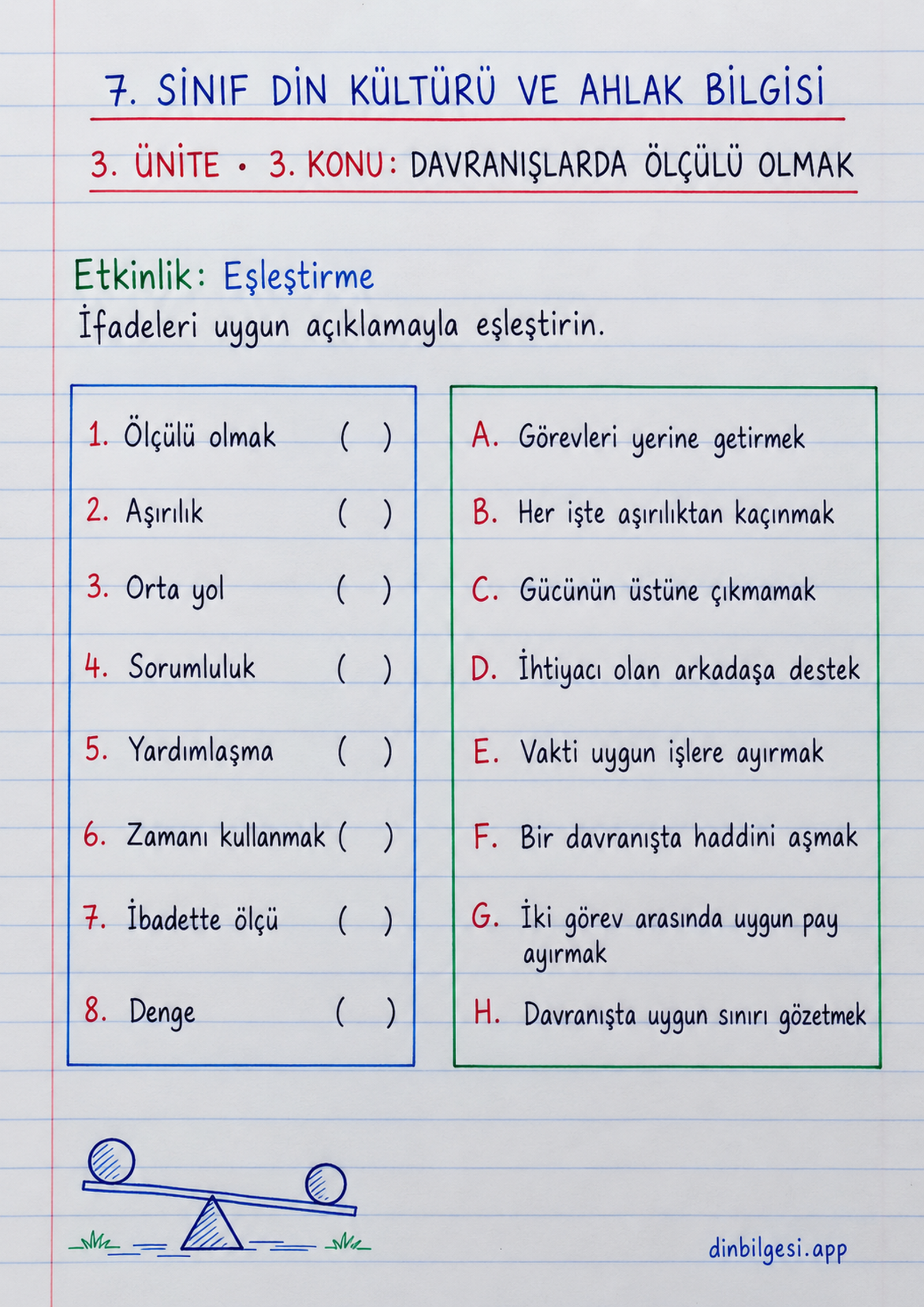 7. Sınıf Din Kültürü ve Ahlak Bilgisi – 3. Ünite Ahlaki Davranışlar – 3. Konu Davranışlarda Ölçülü Olmak Konu Özeti ve Etkinlik 2: Eşleştirme